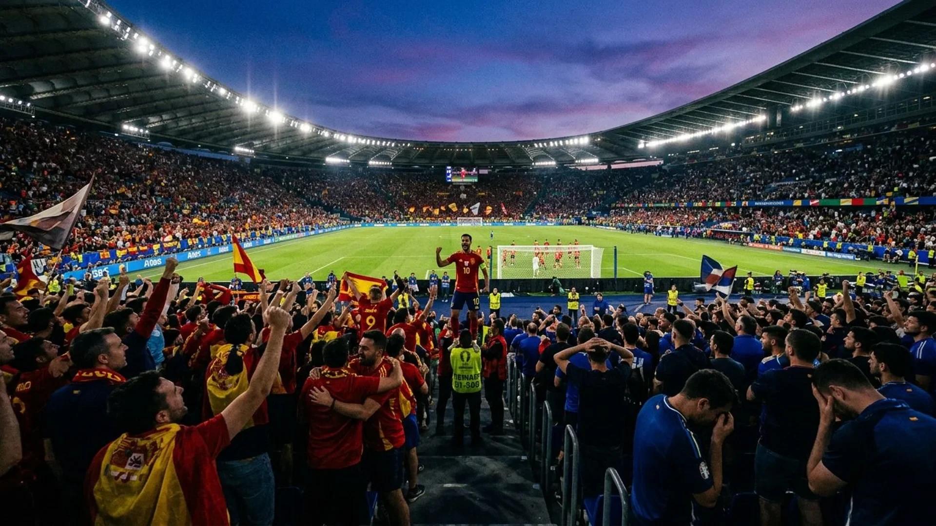 A distant view of a football stadium at dusk with fans showing contrasting emotions of joy and despair.