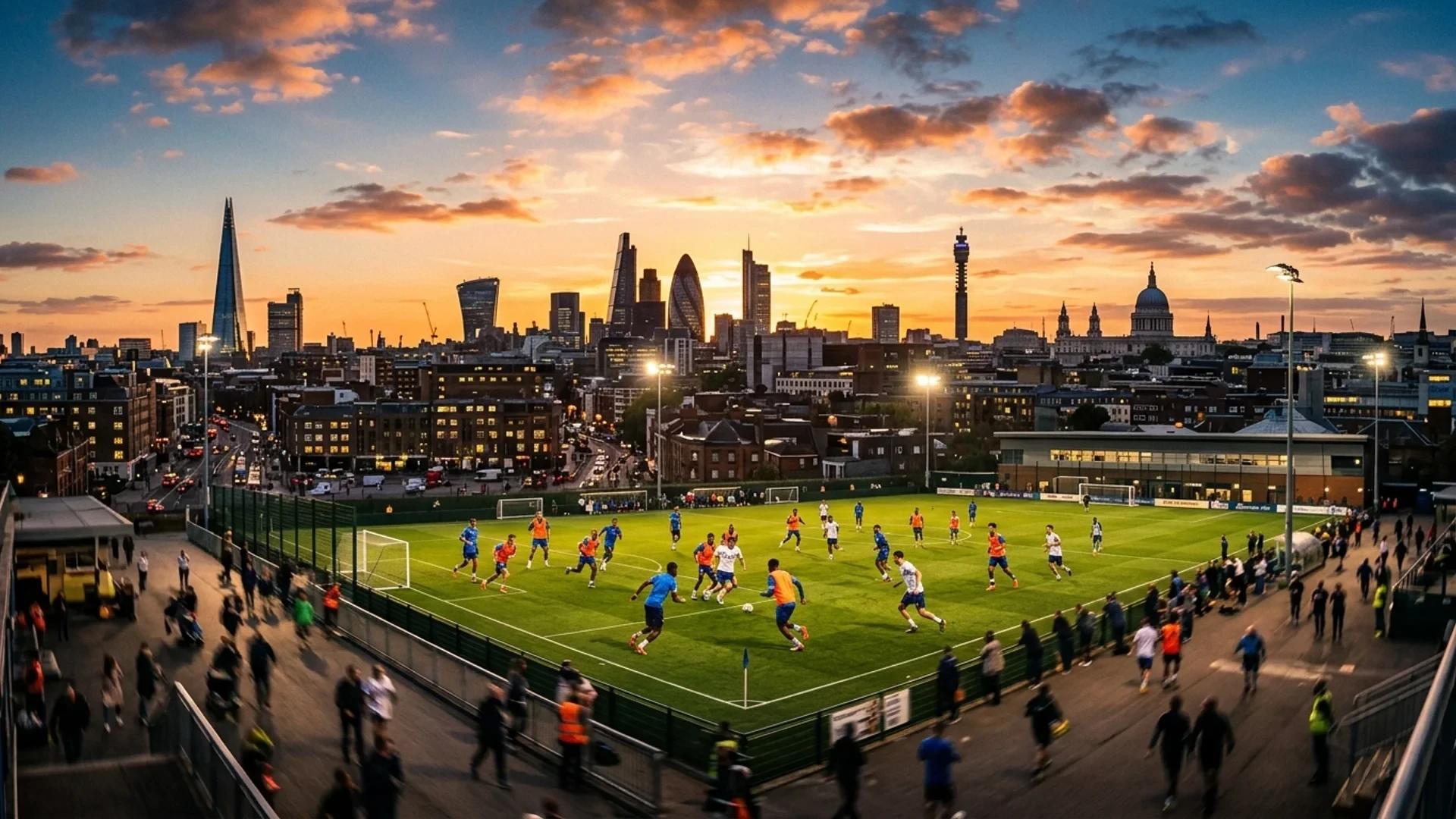 A panoramic view of a football training session in a city as the sun sets.