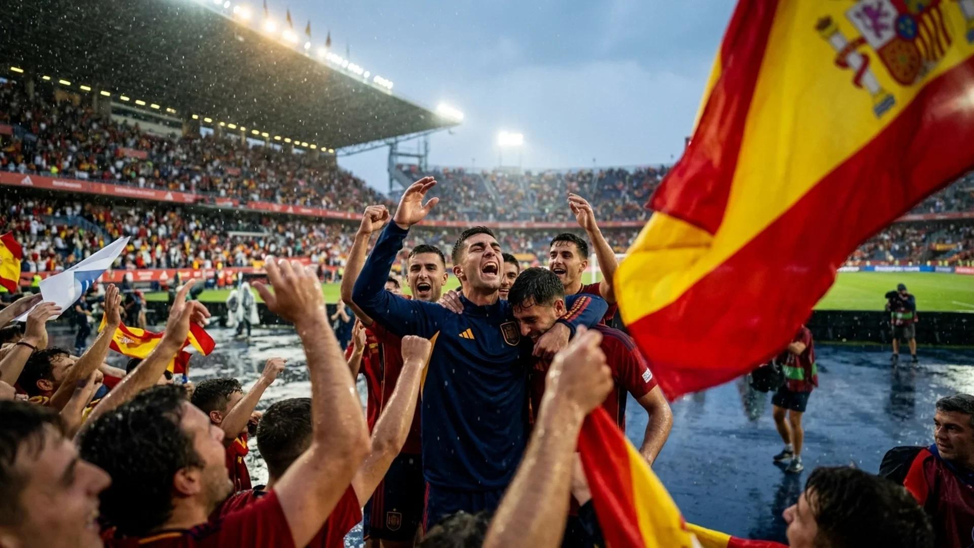 A low-angle view of jubilant Spanish football players celebrating a victory on a rain-soaked pitch.