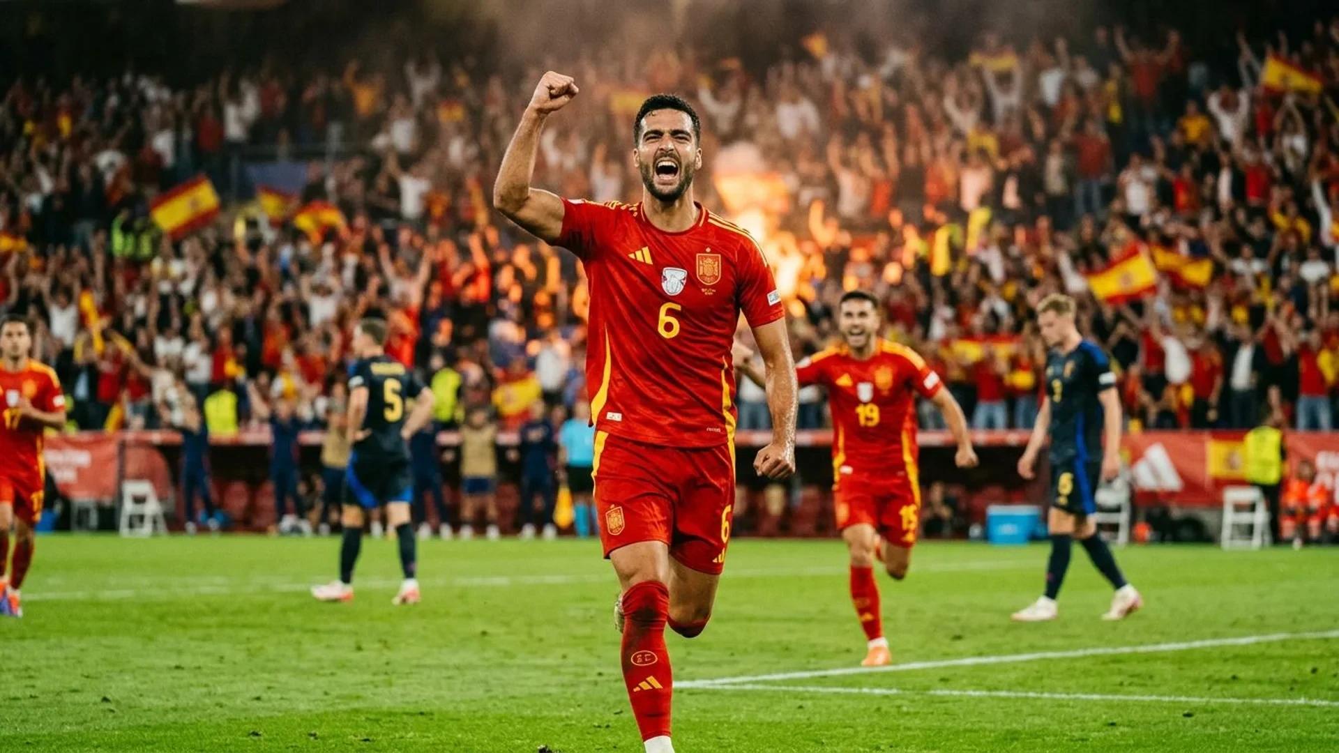 Mikel Merino celebrates with his fist raised after scoring a goal, surrounded by blurred teammates and fans in a stadium.