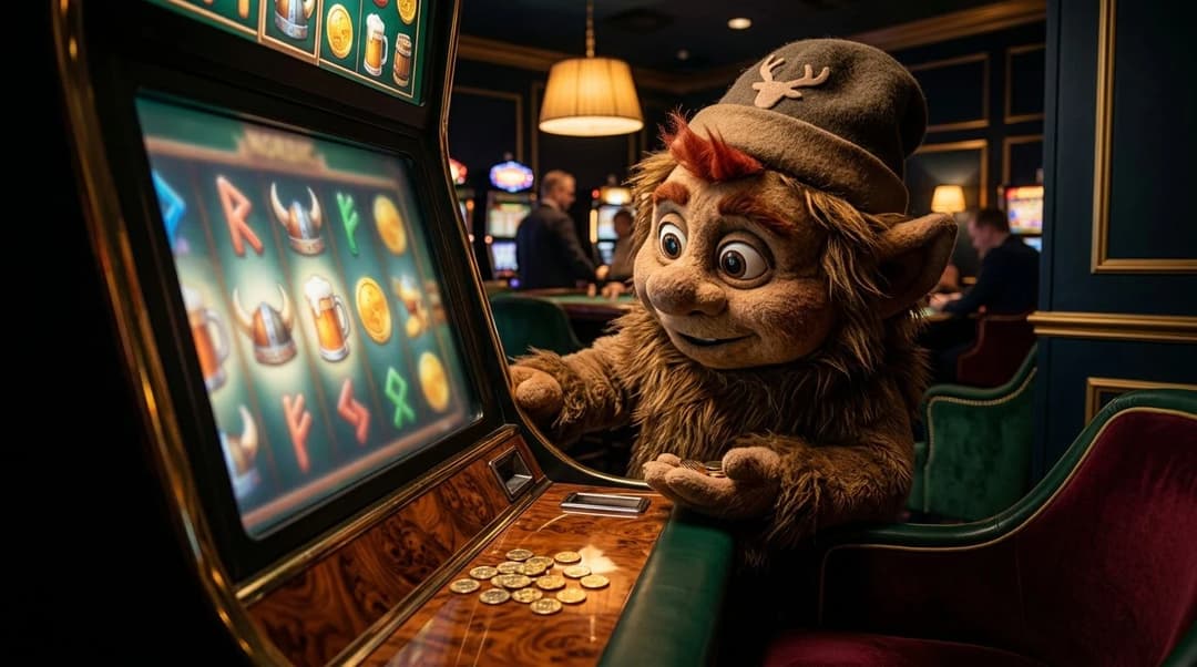 A whimsical Nordic mascot interacts with a colorful slot machine in a dimly lit casino.