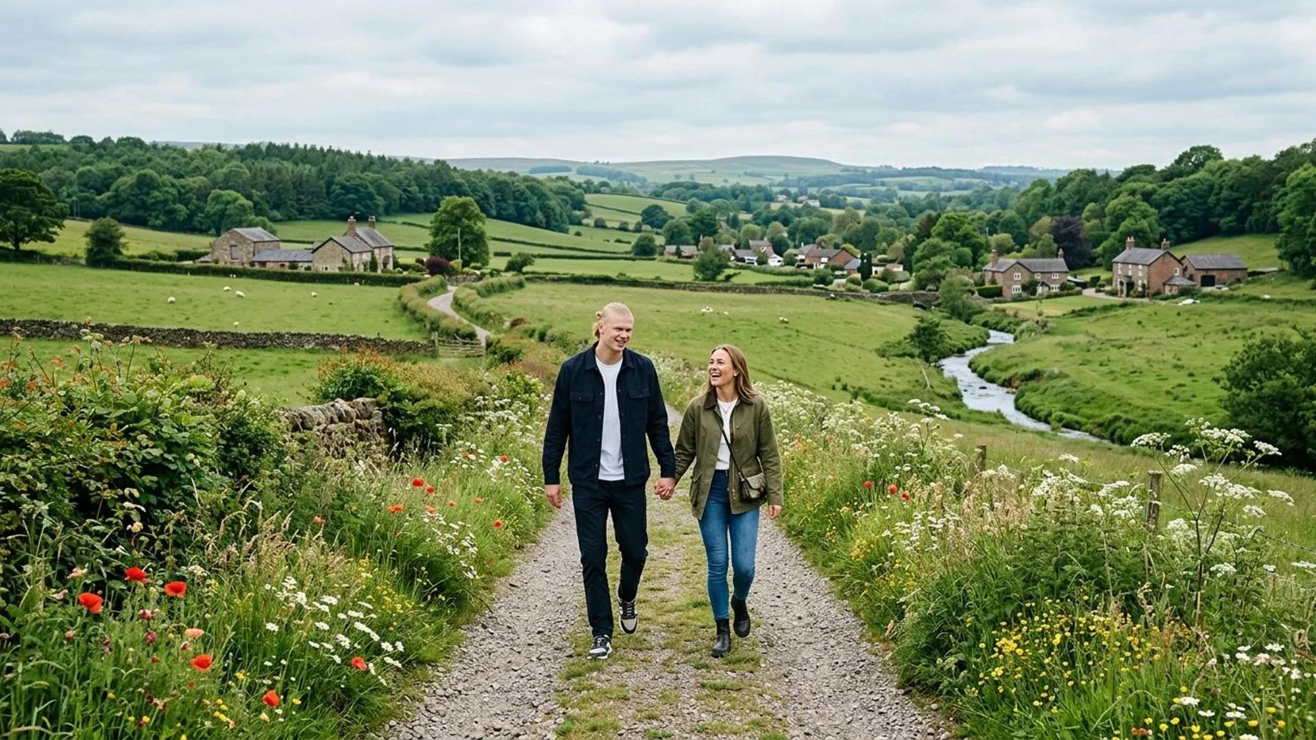 Et par som går hånd i hånd gjennom en grønn landskap i Cheshire.