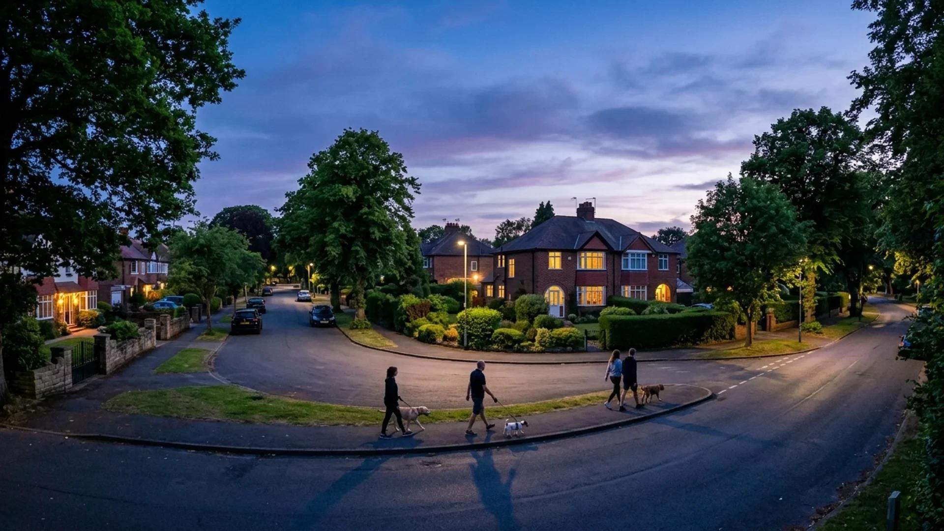 A wide shot of a quiet suburban street at dusk with silhouettes of people walking.