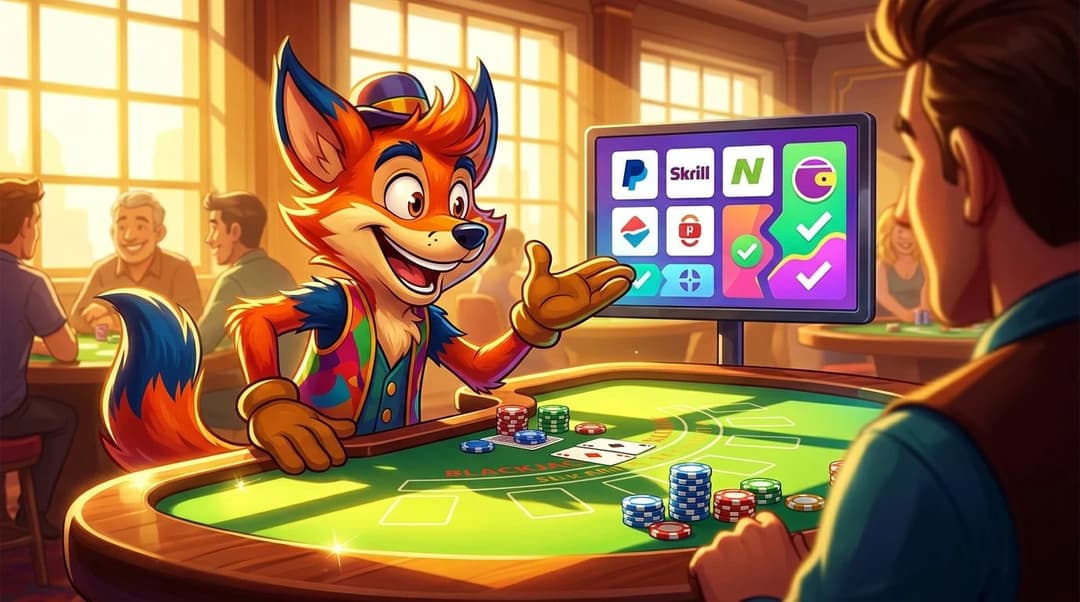 A cartoon mascot explaining e-wallet transactions at a casino table under harsh midday sunlight.