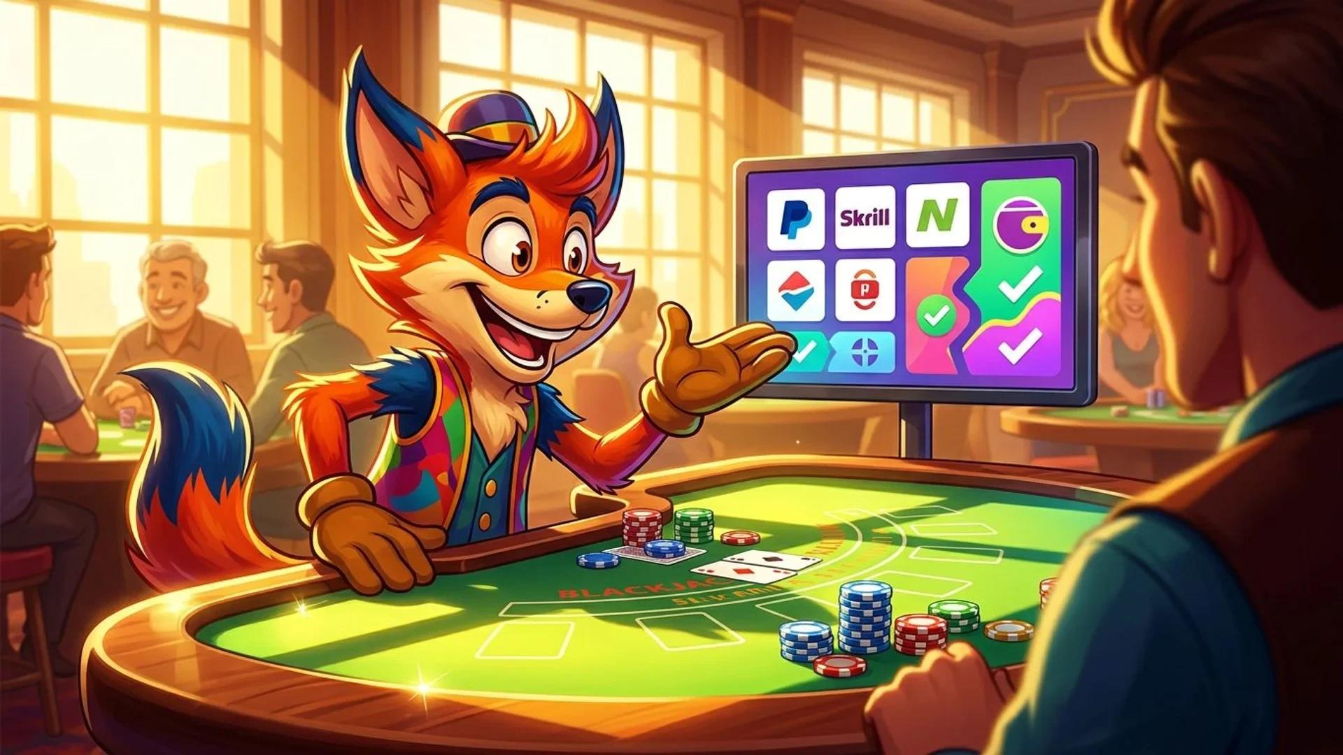 A cartoon mascot explaining e-wallet transactions at a casino table under harsh midday sunlight.