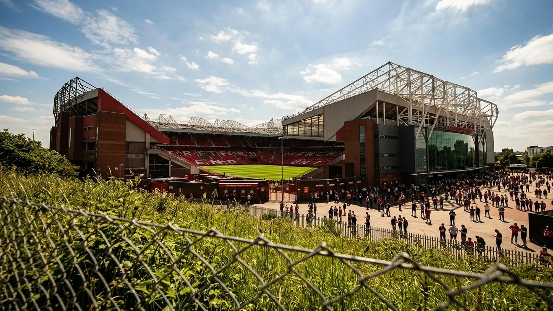 A wide view of Old Trafford stadium under harsh midday sunlight with fans in the distance.