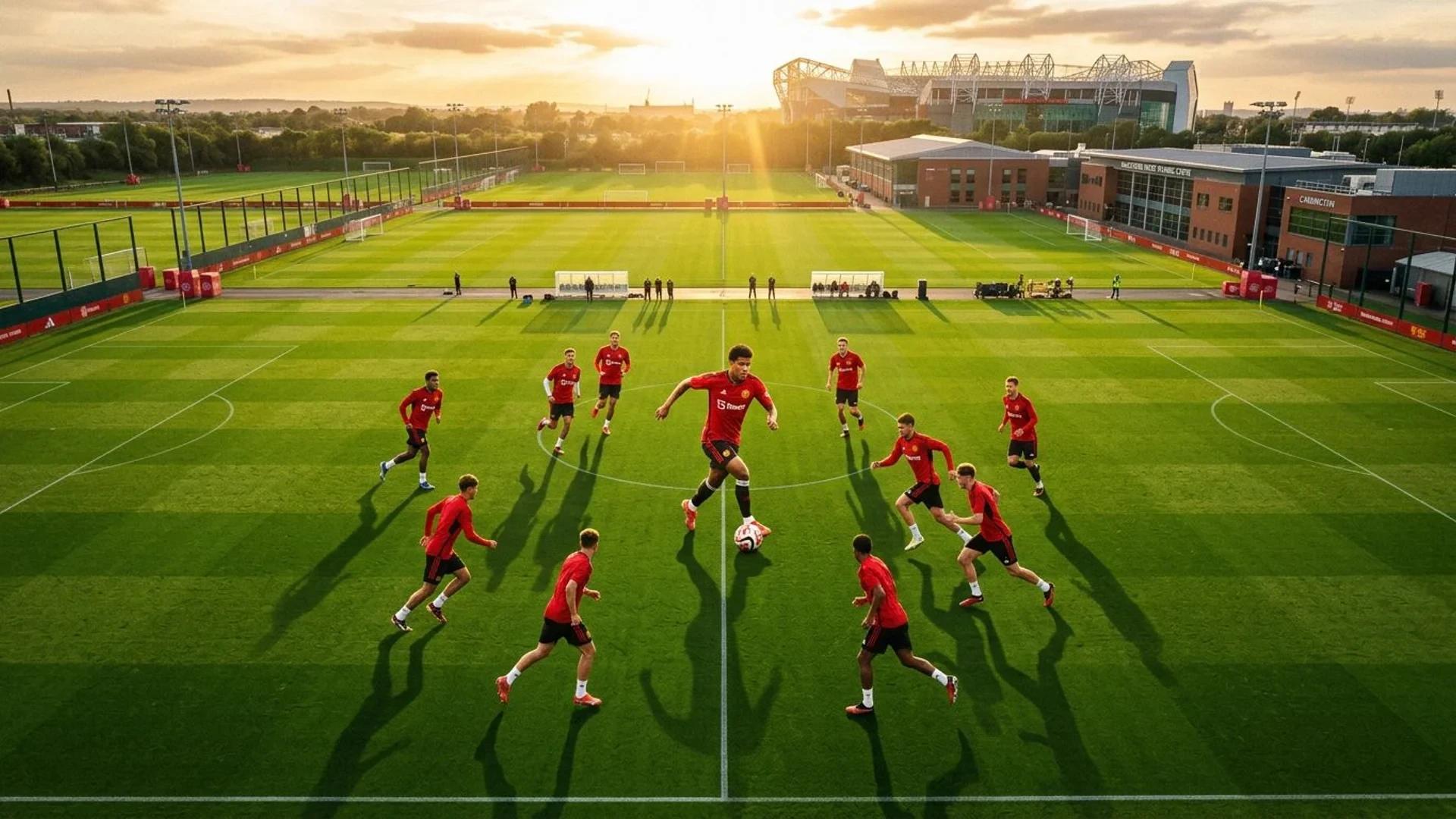 Oversiktsbilde av Andrey Santos som trener med Manchester United-spillere i gyllen time.