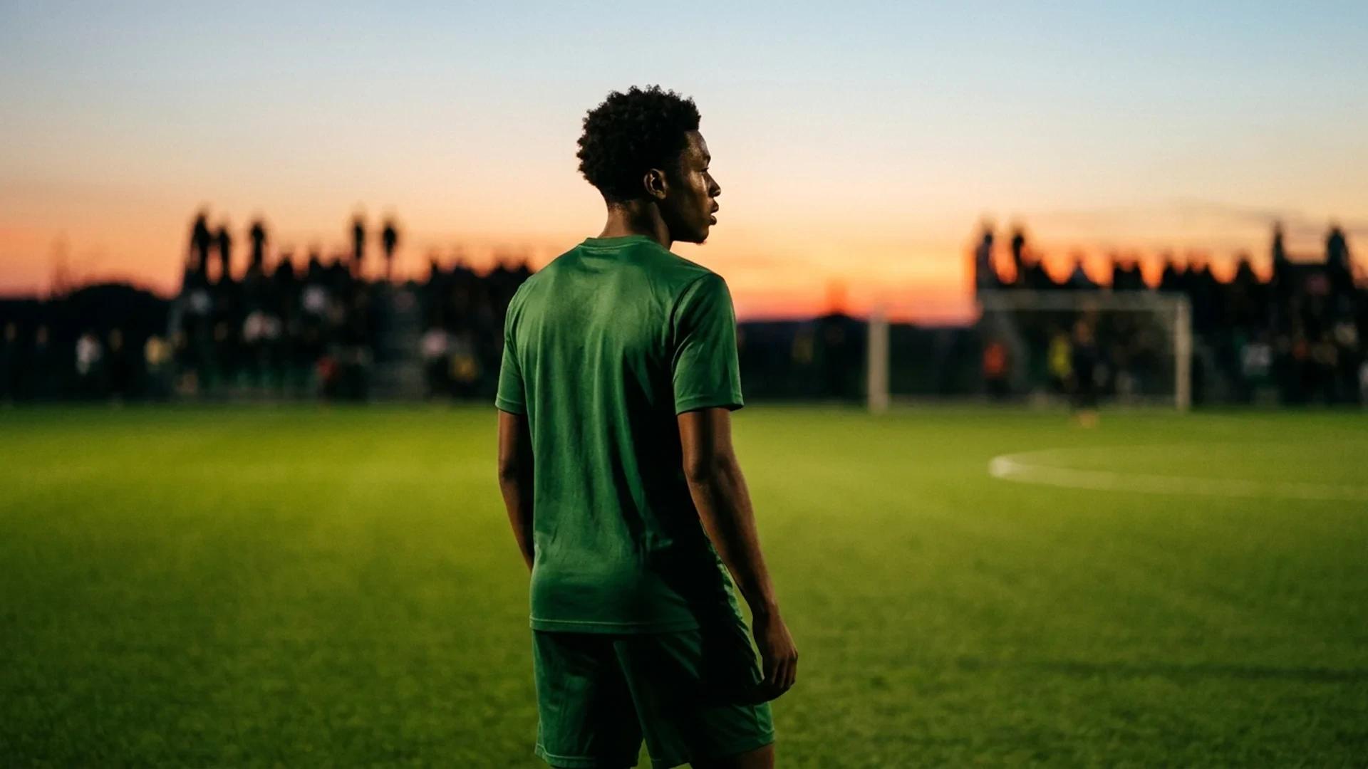 A young soccer player standing on a pitch during golden hour, looking towards the horizon.