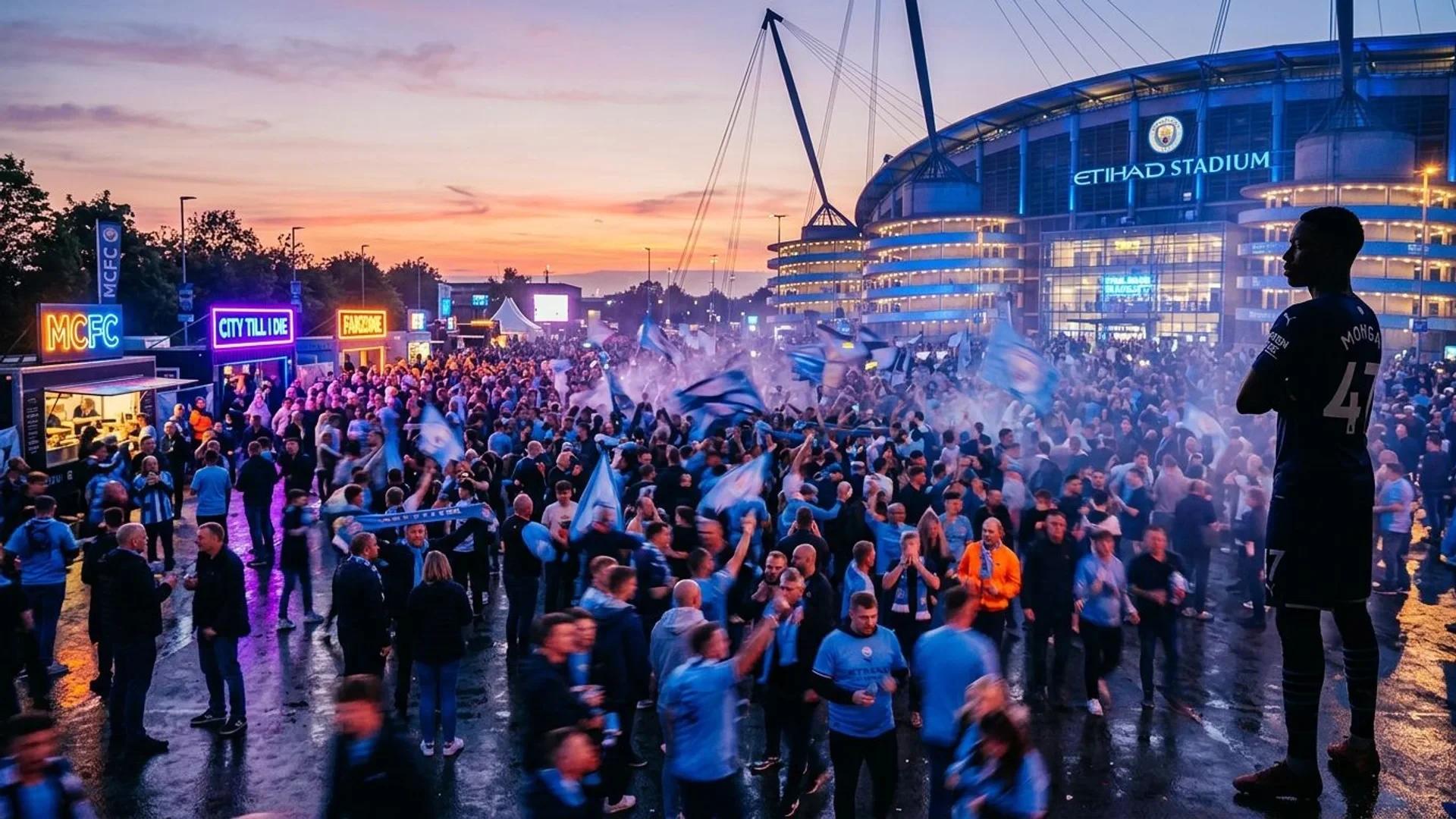 A young football player in a Manchester City jersey stands confidently in front of a blurred crowd at a fan zone.