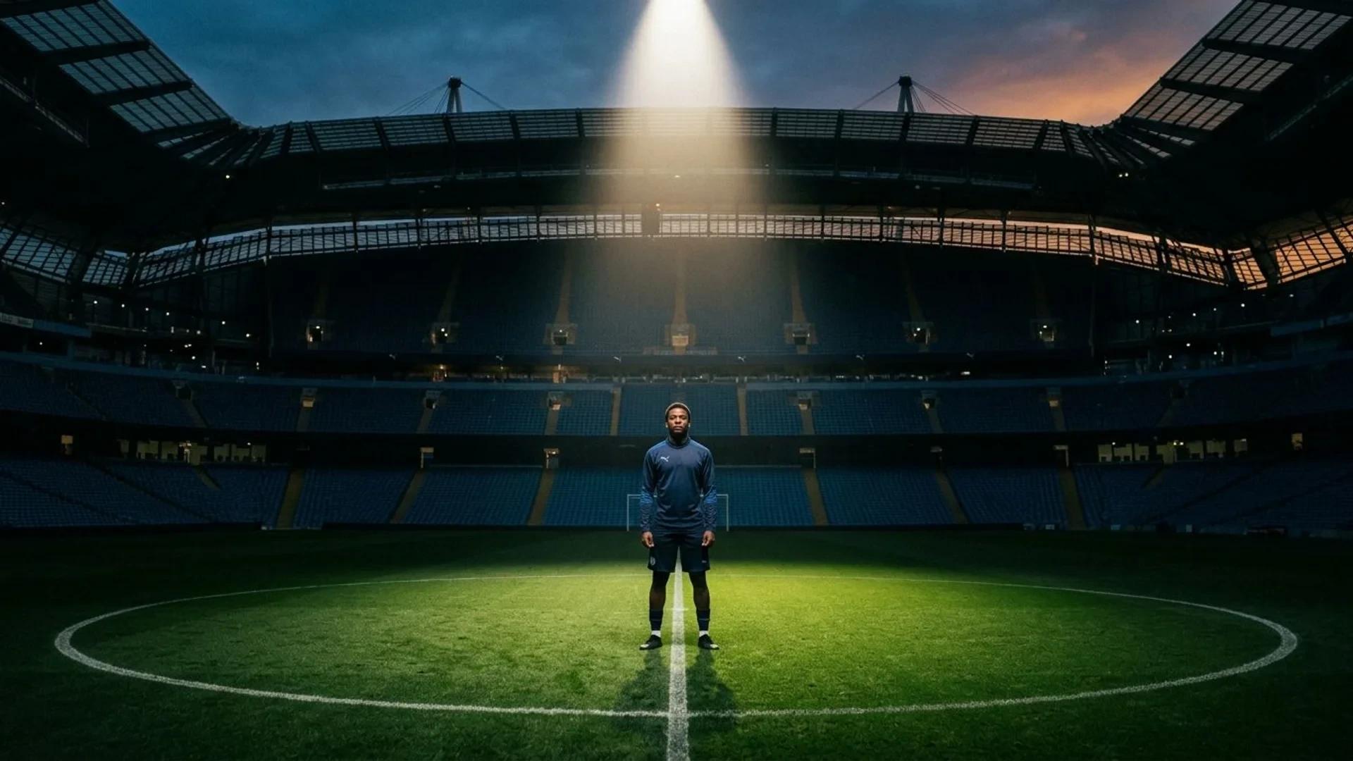 En ung fotballspiller står i midten av en tom fotballstadion, belyst av et sterkt spotlight.