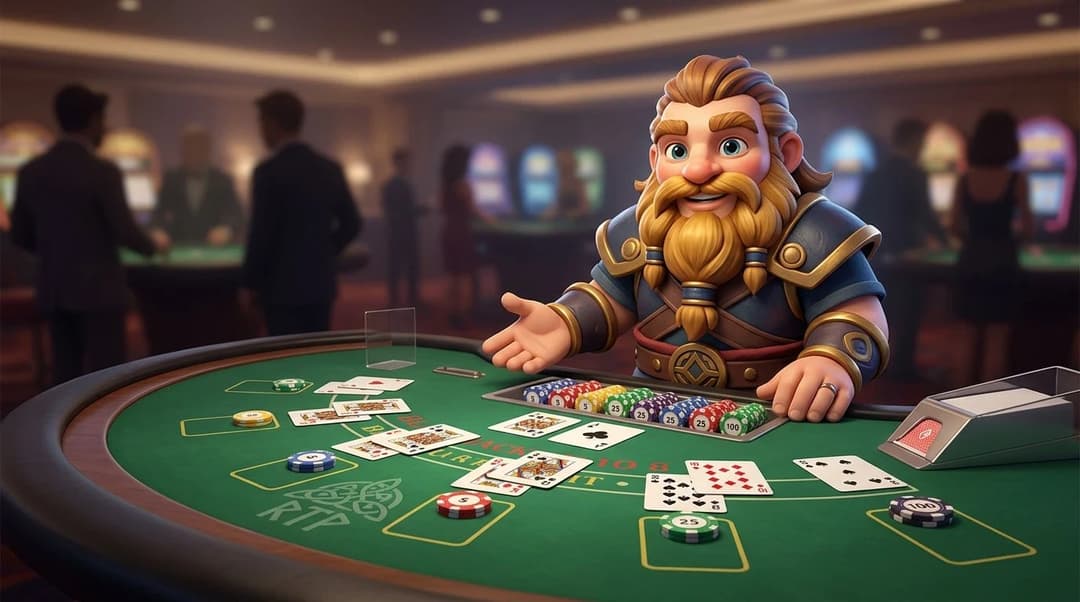 A colorful mascot stands beside a blackjack table, illustrating the concept of Return to Player in a vibrant casino setting.