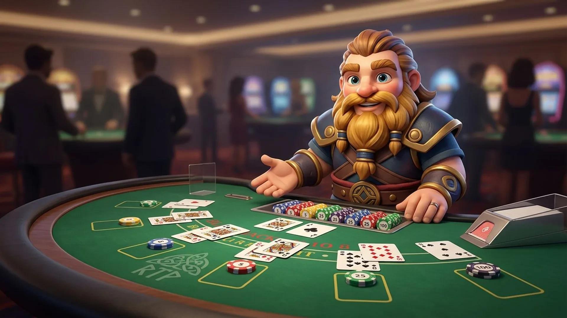 A colorful mascot stands beside a blackjack table, illustrating the concept of Return to Player in a vibrant casino setting.