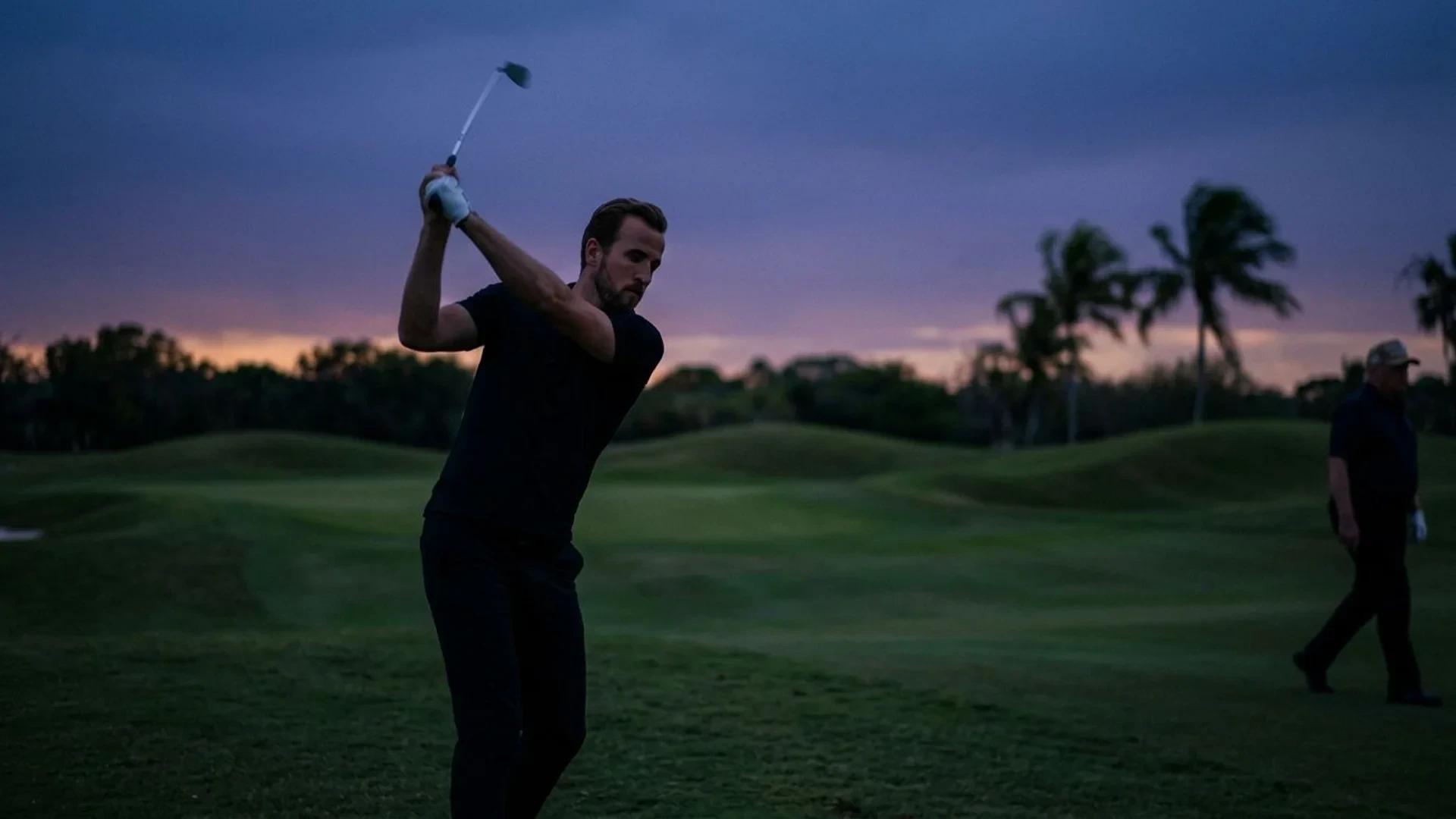 Harry Kane swings a golf club at dusk on a golf course.