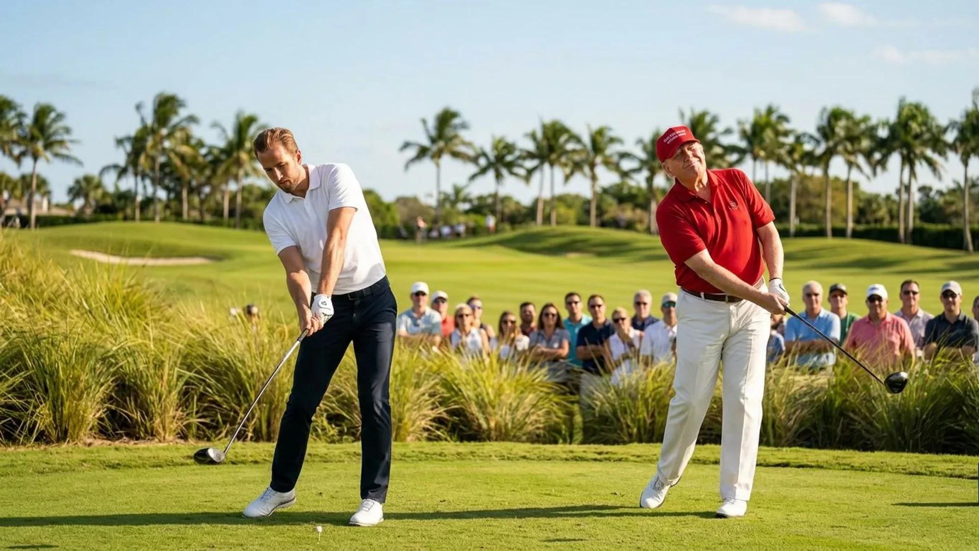 Harry Kane and Donald Trump playing golf under a bright sky.