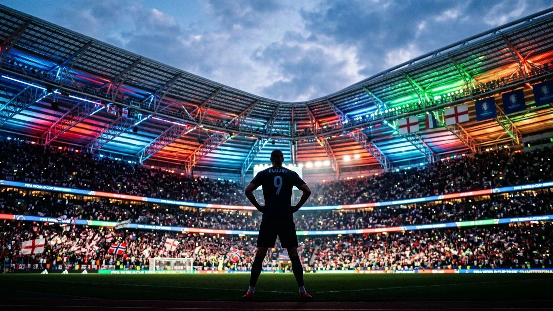 Silhouette of a football player in a vibrant stadium illuminated with neon lights.