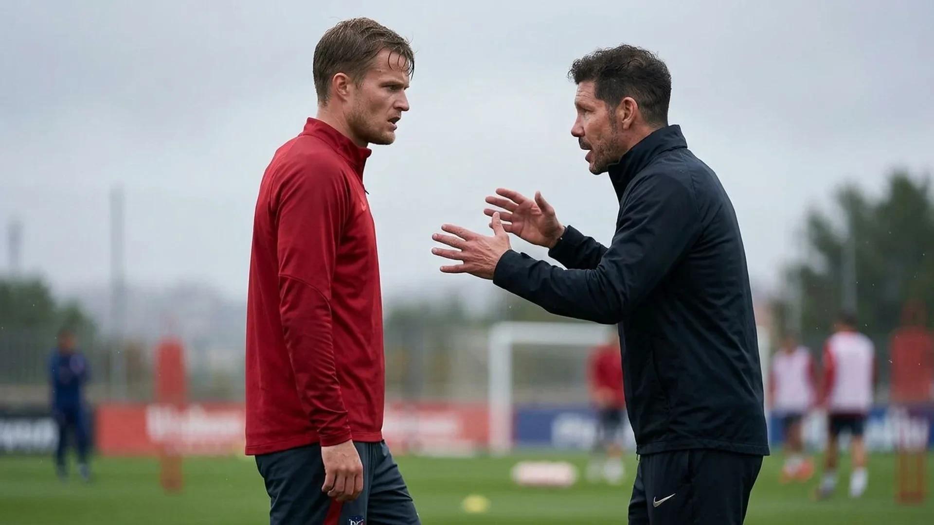 Danish midfielder Morten Hjulmand engaged in tactical discussion with Atletico Madrid coach Diego Simeone during training.