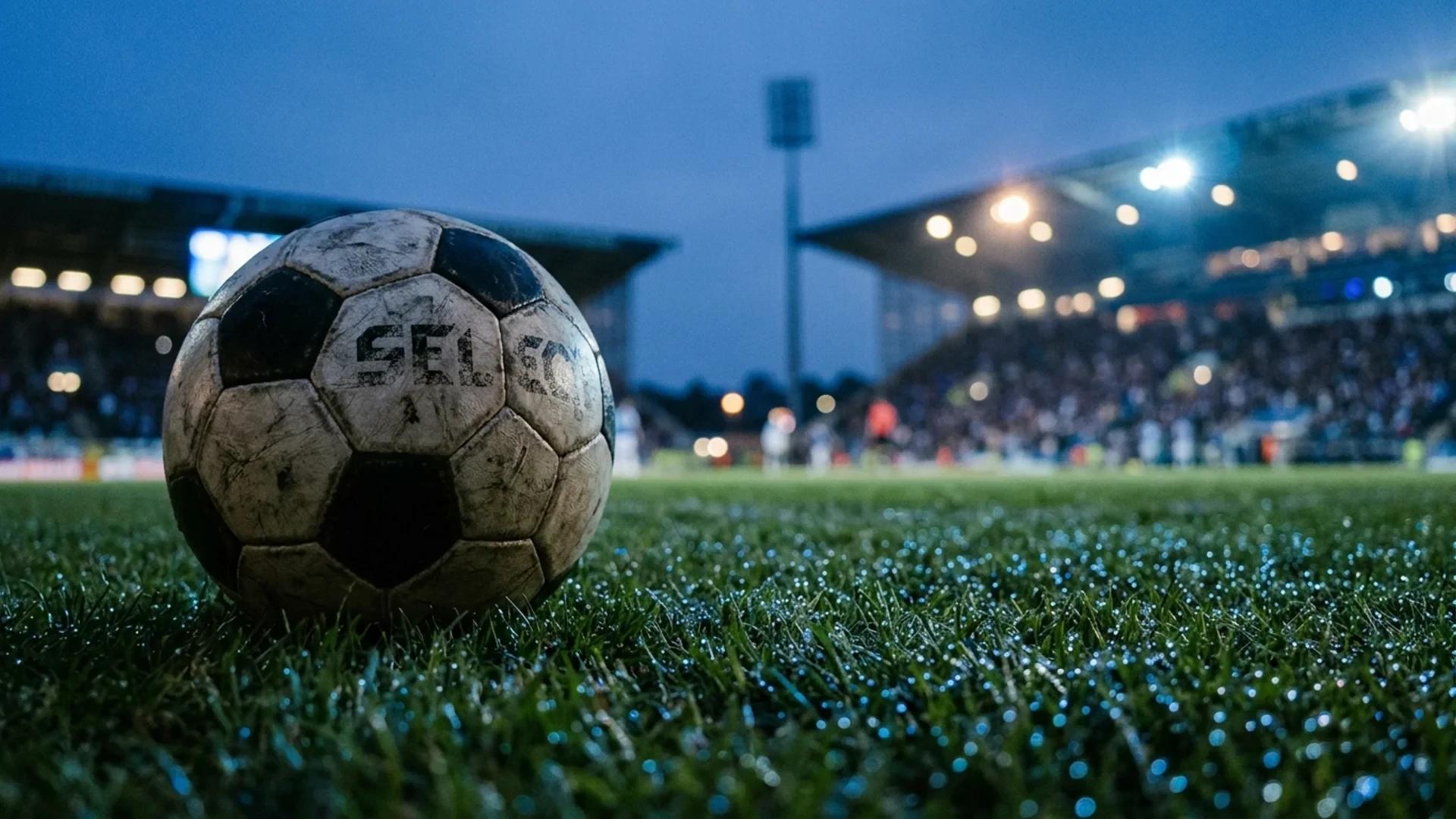 En nærbilde av en slitt fotball på gresset med en stadion i bakgrunnen under blåtime.