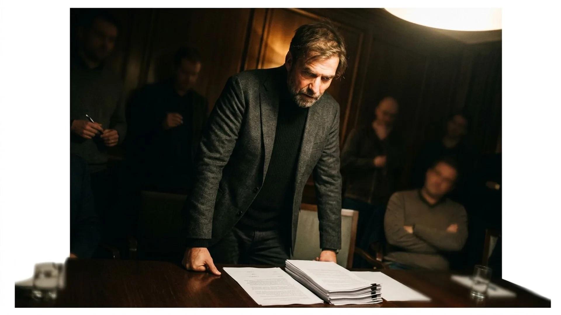 Jürgen Klopp in a spotlight during a negotiation, captured from a Dutch angle.