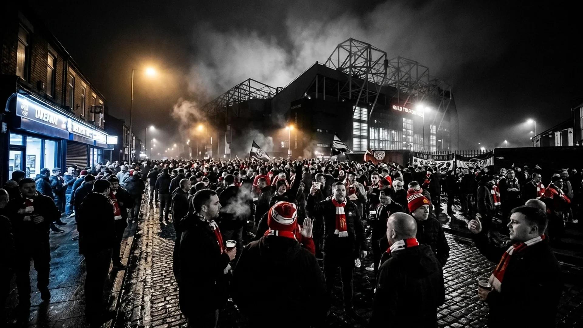 Wide shot of Manchester United supporters gathering on a street at night.