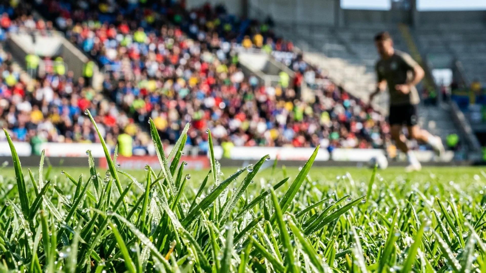 Close-up of grass under bright sunlight with a blurred silhouette of a player in the background.