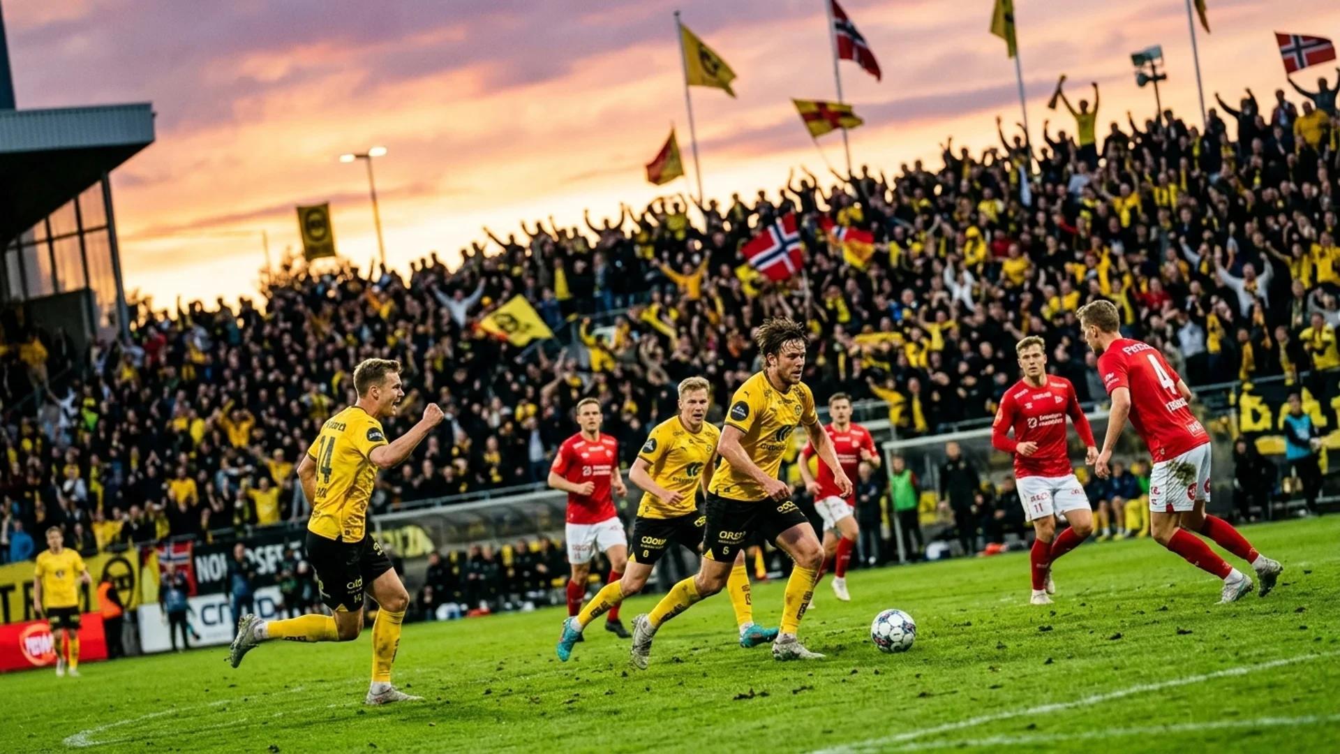 Fotballspillere i aksjon under en kamp mellom Lillestrøm og Fredrikstad, med en energisk folkemengde i bakgrunnen.
