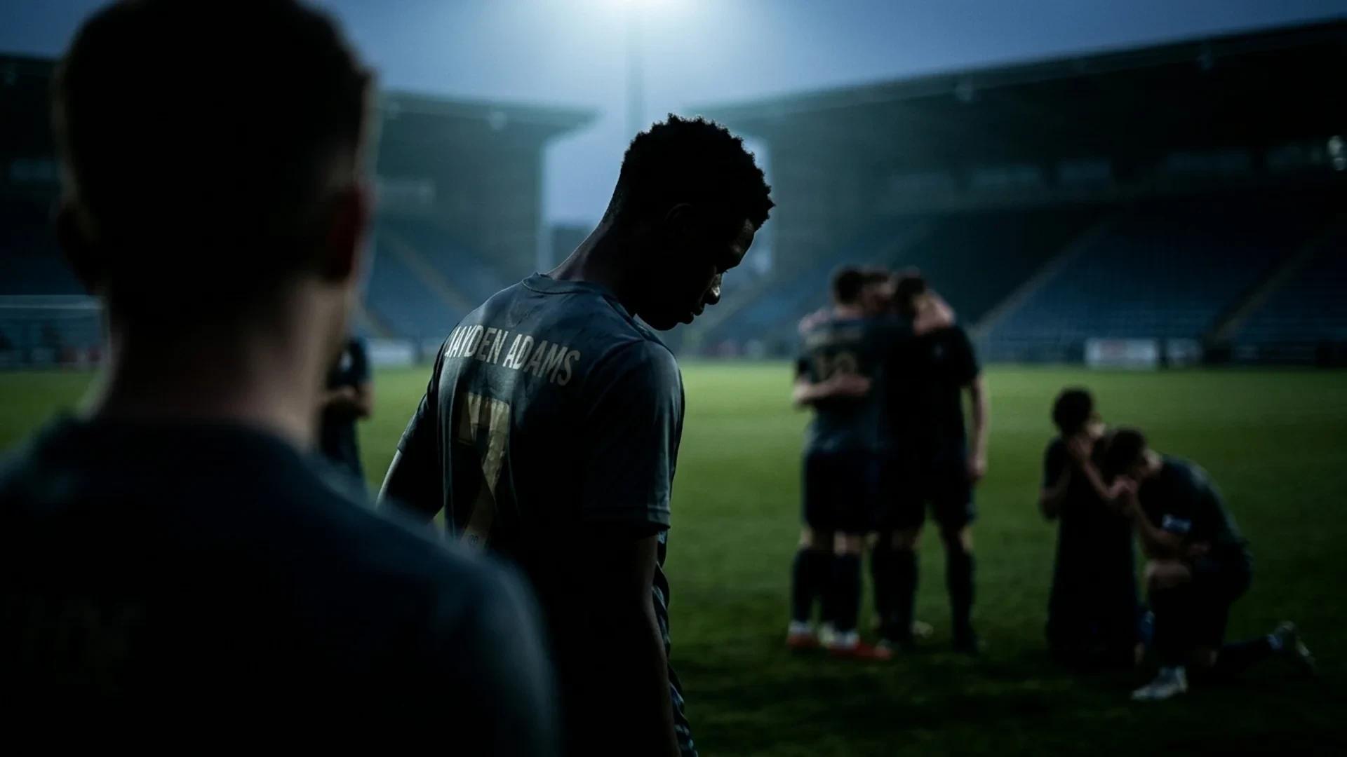 A view from behind a silhouette of a young soccer player standing on a dark soccer field, with teammates in the foreground showing grief.