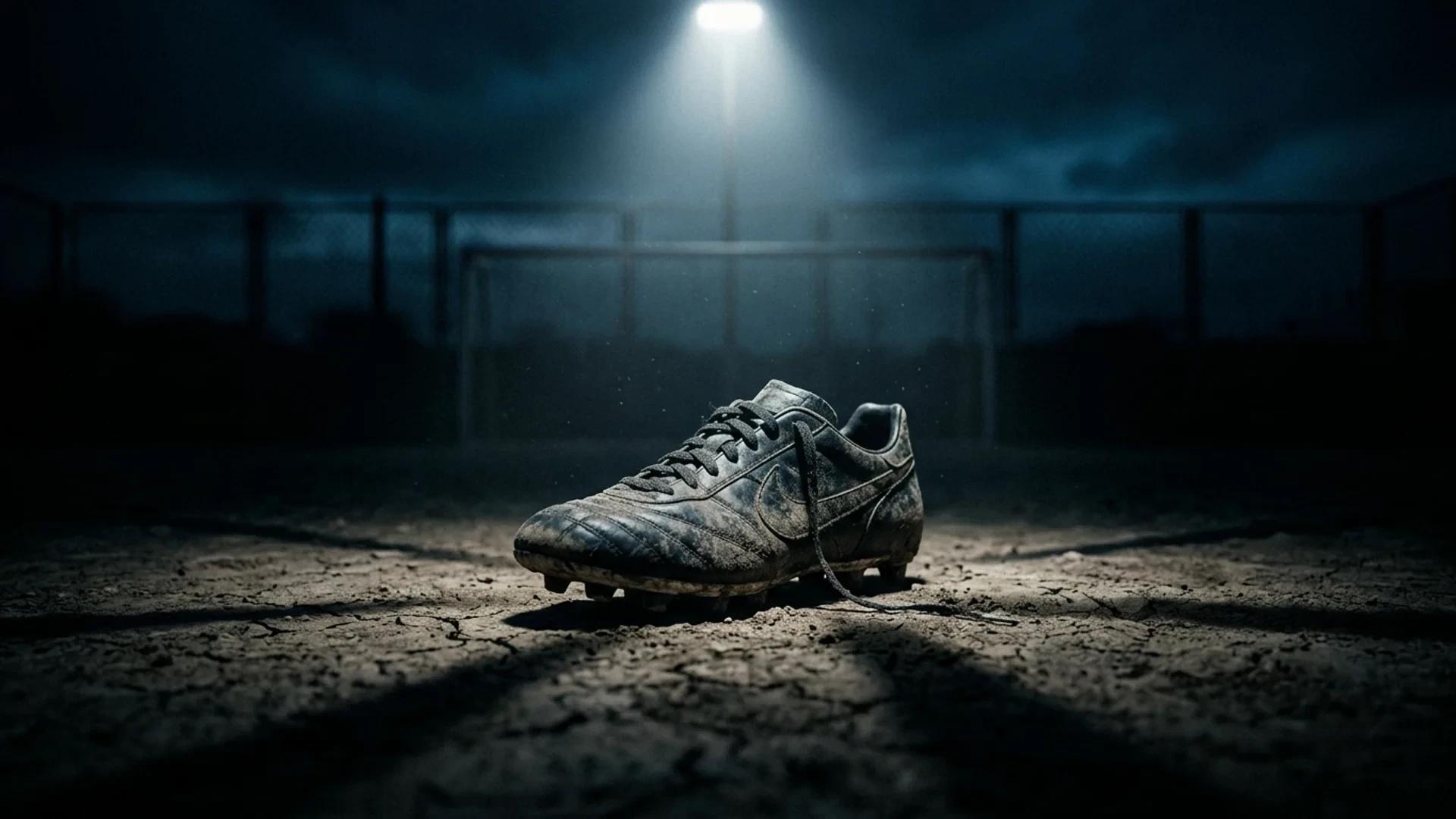 A solitary football boot illuminated by a single spotlight on a darkened pitch, symbolizing loss.