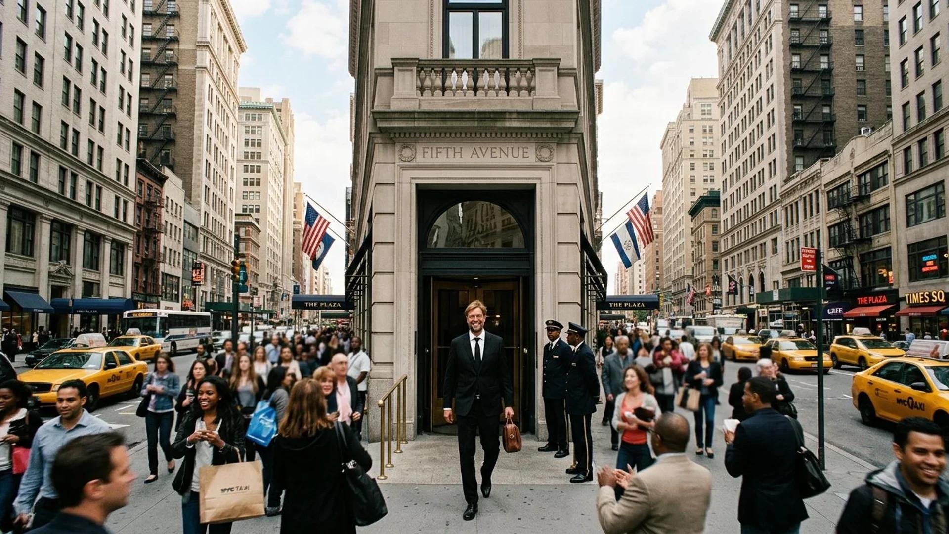 Jurgen Klopp standing outside a building in New York City, amidst bustling urban life.