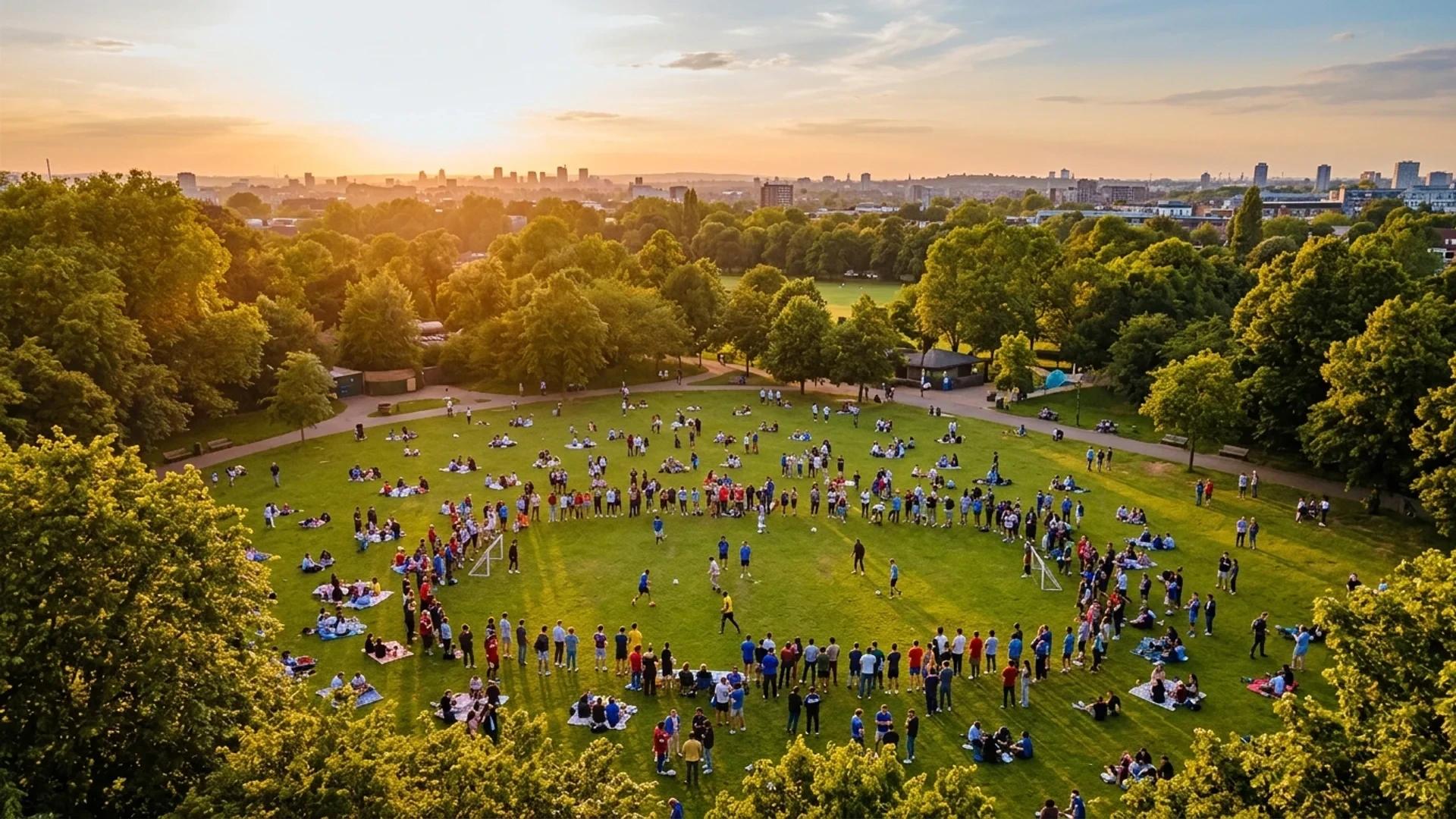 A bird's-eye view of a lively park filled with diverse football fans during sunset.