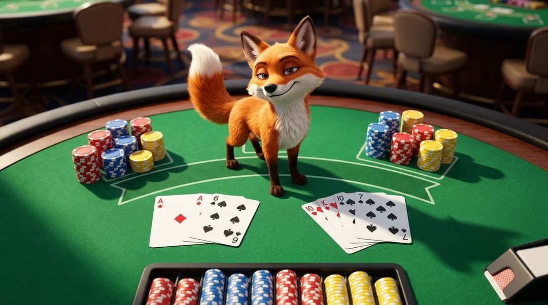 A vibrant casino scene featuring a playful fox mascot standing on a Blackjack table with cards and chips.