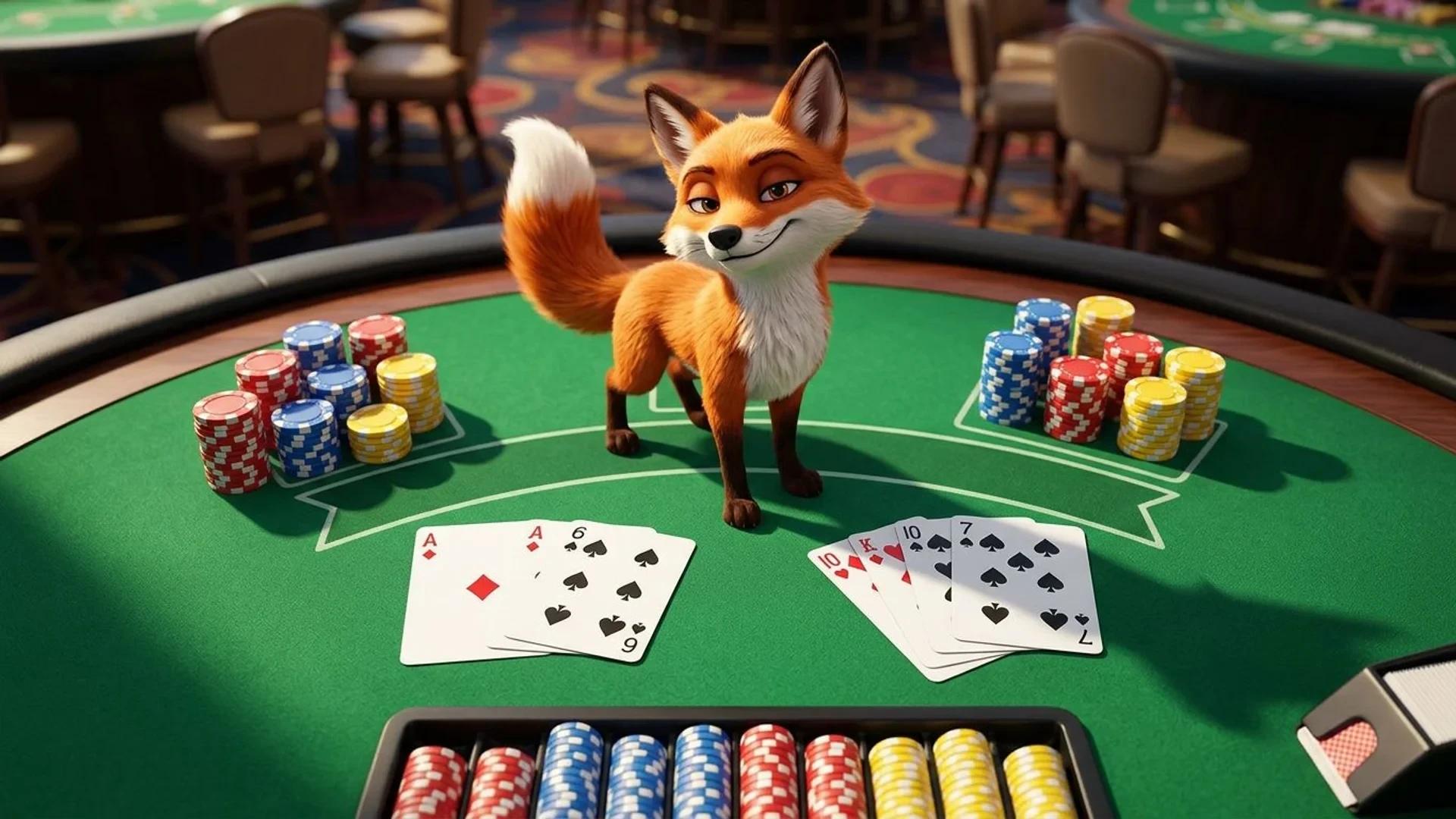 A vibrant casino scene featuring a playful fox mascot standing on a Blackjack table with cards and chips.