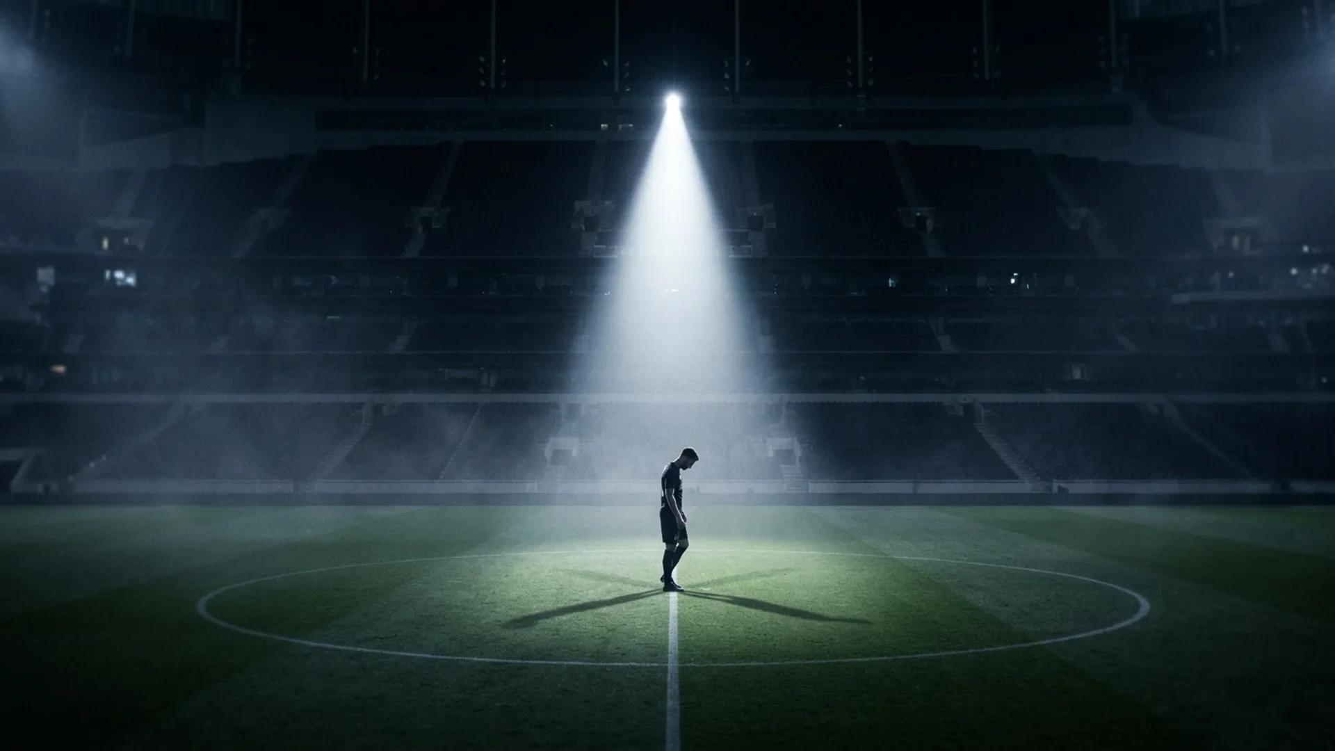 A football player illuminated by a spotlight in an otherwise empty stadium, appearing deep in thought.