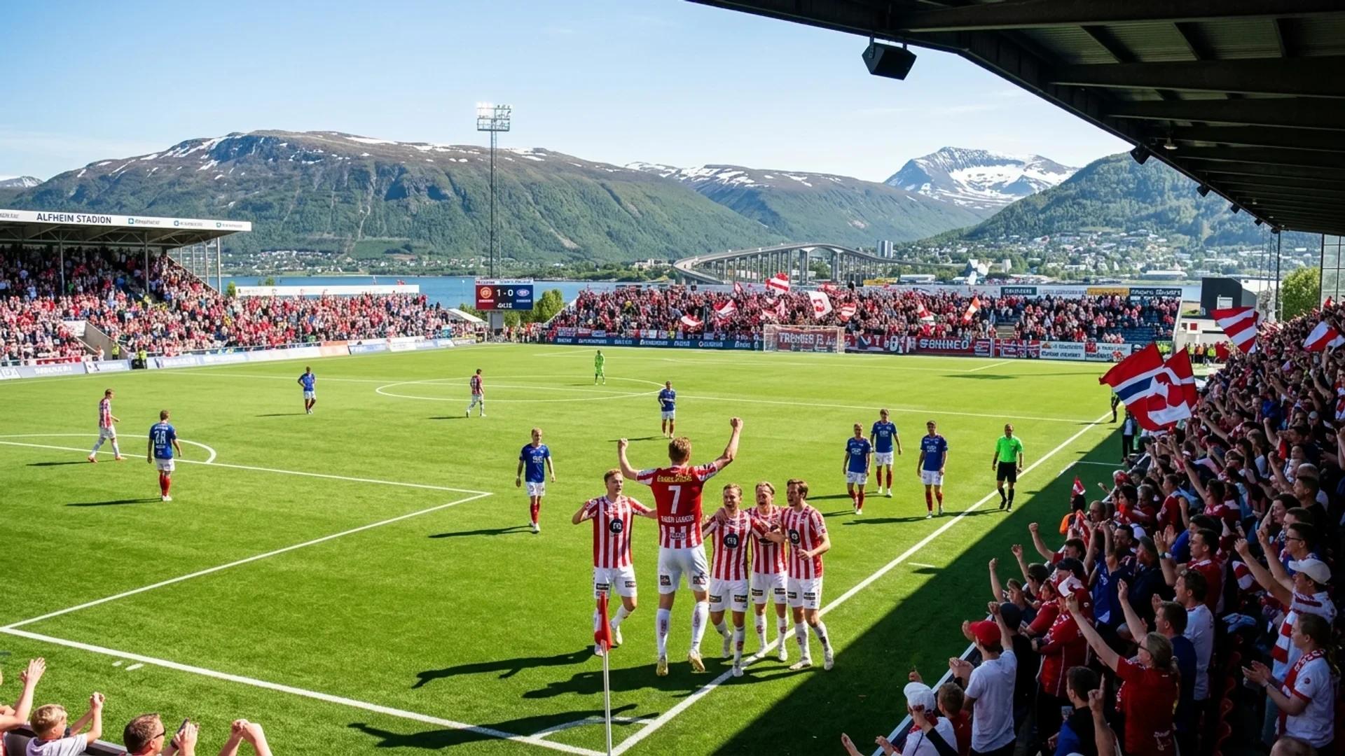A wide shot of a soccer game featuring players celebrating a goal on a sunny day.