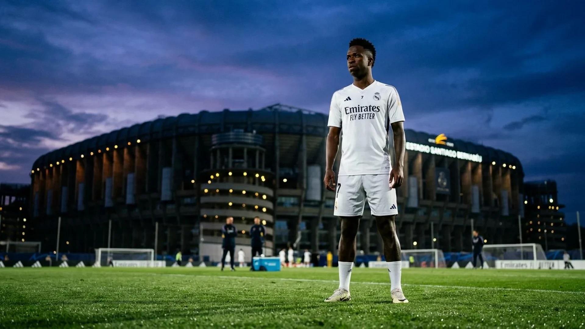 Vinicius Junior stands confidently on a training field during dusk, with a blue-hour sky above.
