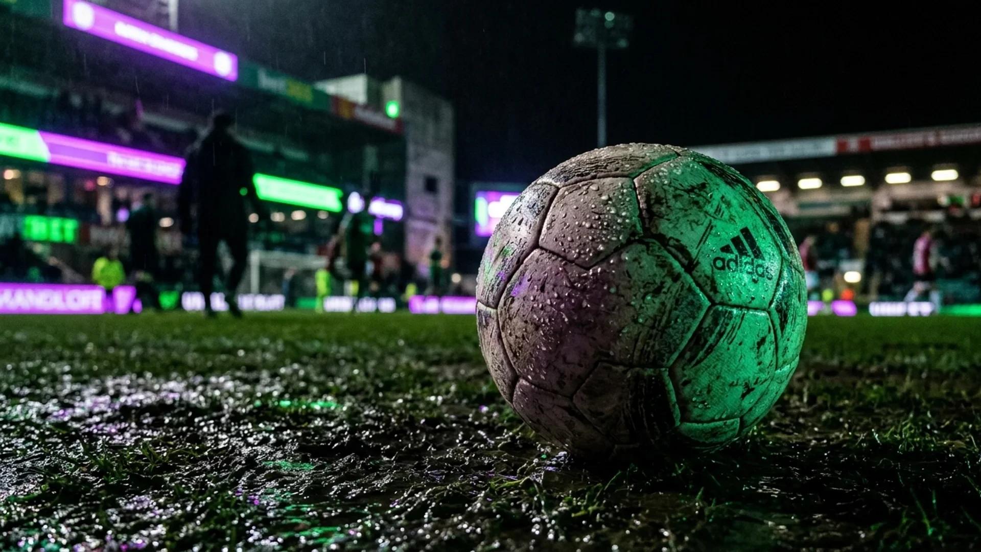 A close-up of a soccer ball on a rain-soaked pitch illuminated by neon lights.