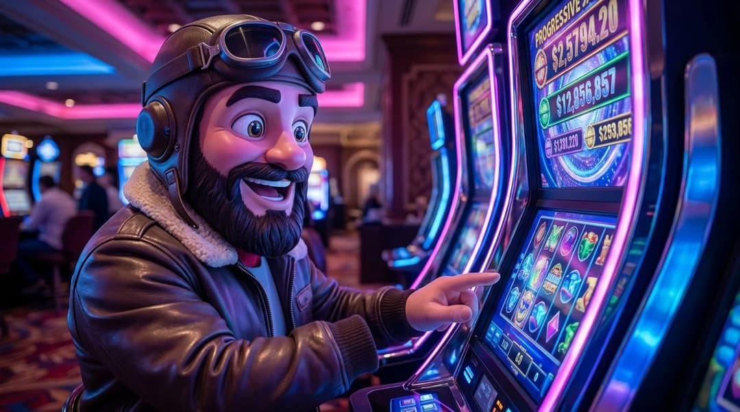 A close-up of a NordicSpins mascot interacting with a progressive jackpot slot machine.