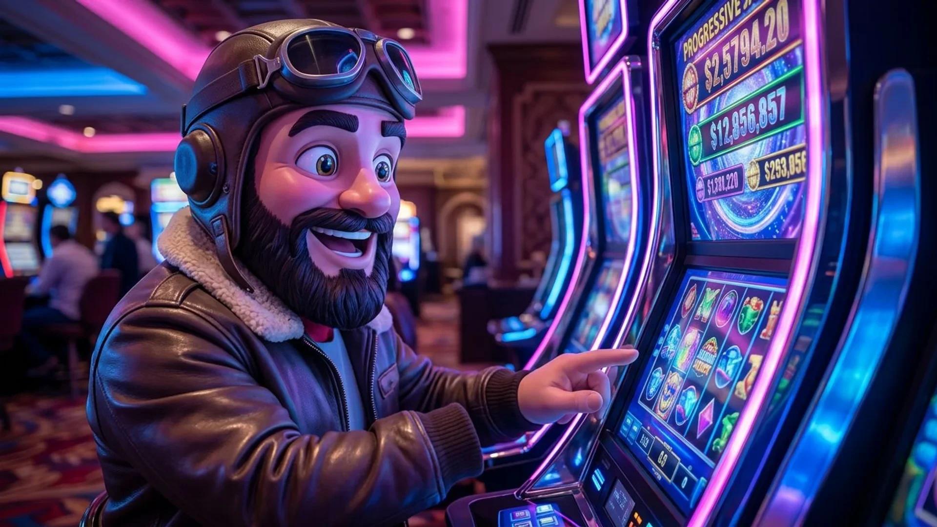A close-up of a NordicSpins mascot interacting with a progressive jackpot slot machine.