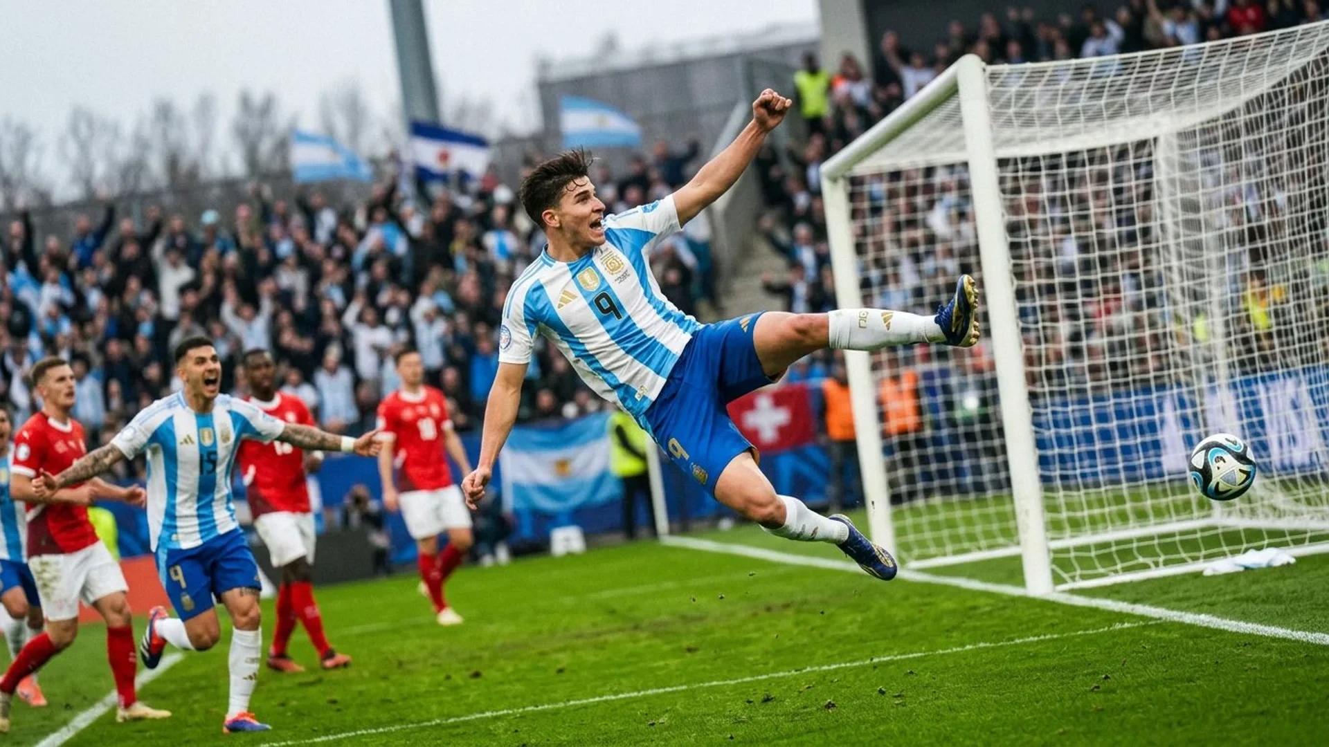 Julian Alvarez celebrating a goal during a football match.