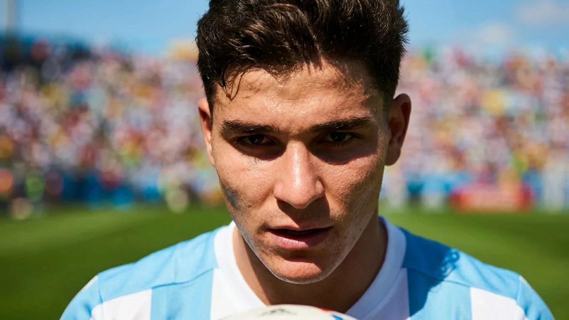 Close-up of Julian Alvarez focused on the ball during a football match.