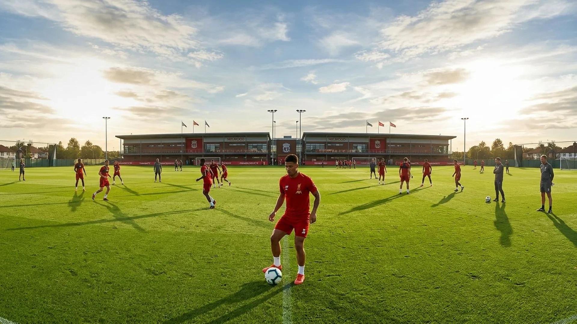 Wide shot of a Liverpool FC training session with players practicing drills.
