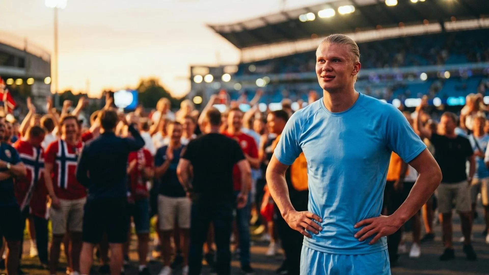 Erling Haaland stands outside a stadium, reflecting after a match.