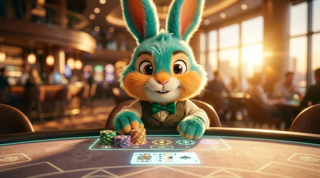 A close-up of a cartoon rabbit mascot at a digital casino table, glowing in warm golden light.