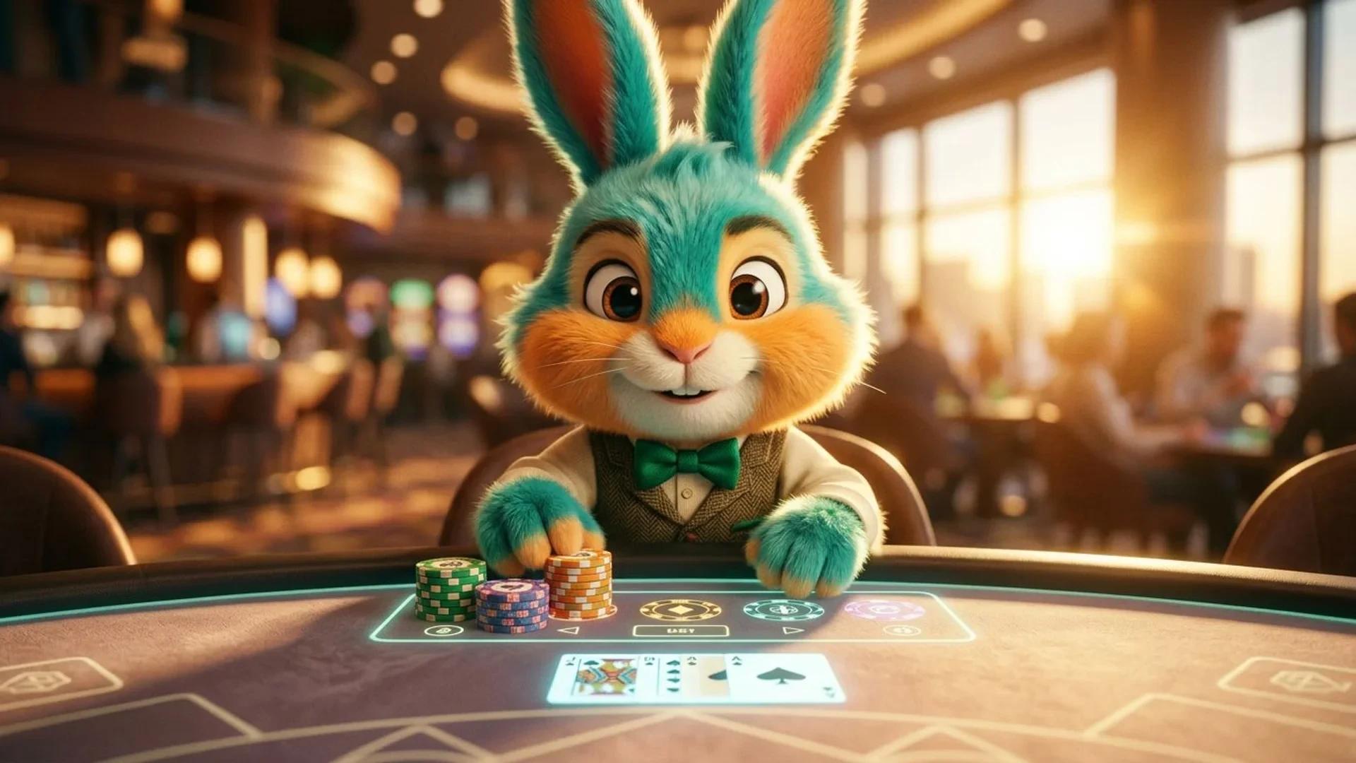 A close-up of a cartoon rabbit mascot at a digital casino table, glowing in warm golden light.