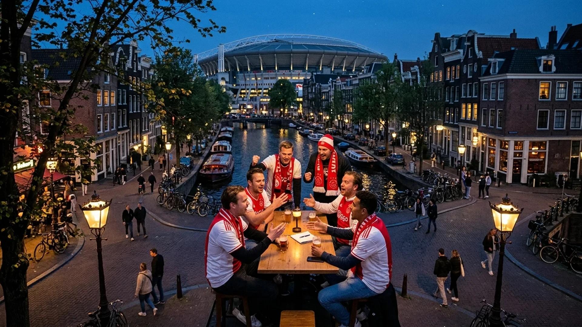 A bird's-eye view of Ajax fans gathered at an outdoor café during dusk.