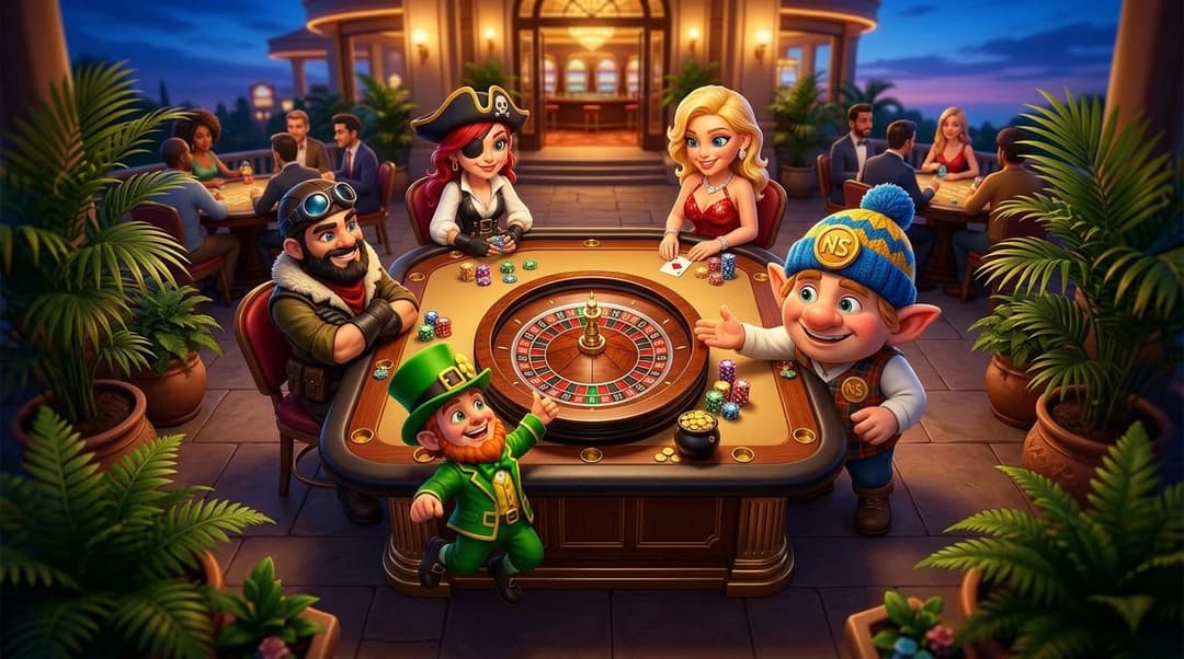 A bird's-eye view of a casino table with a mascot interacting with players during dusk.