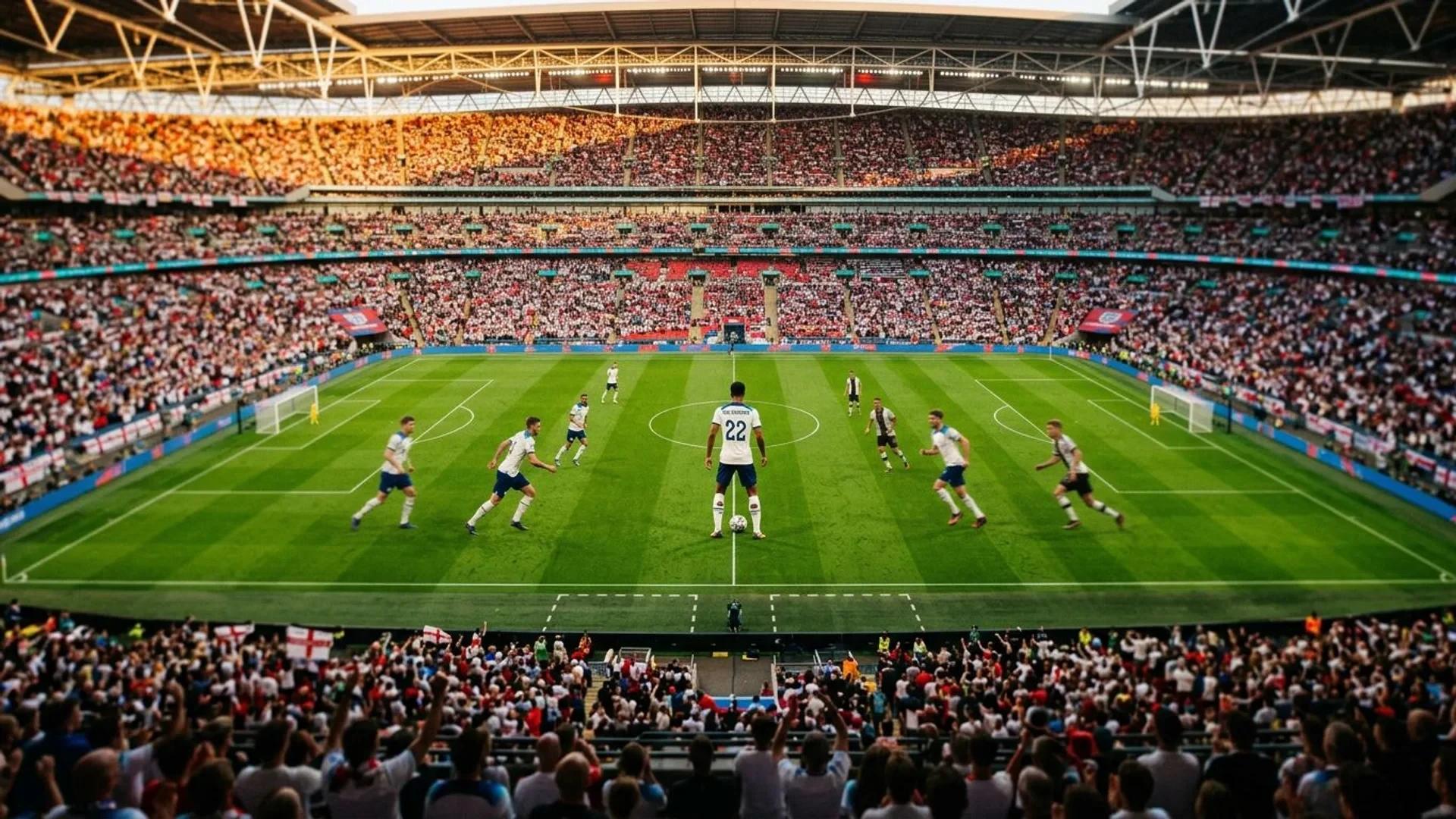 Et fugleperspektiv av en fotballkamp med Jude Bellingham i sentrum av handlingen på banen.