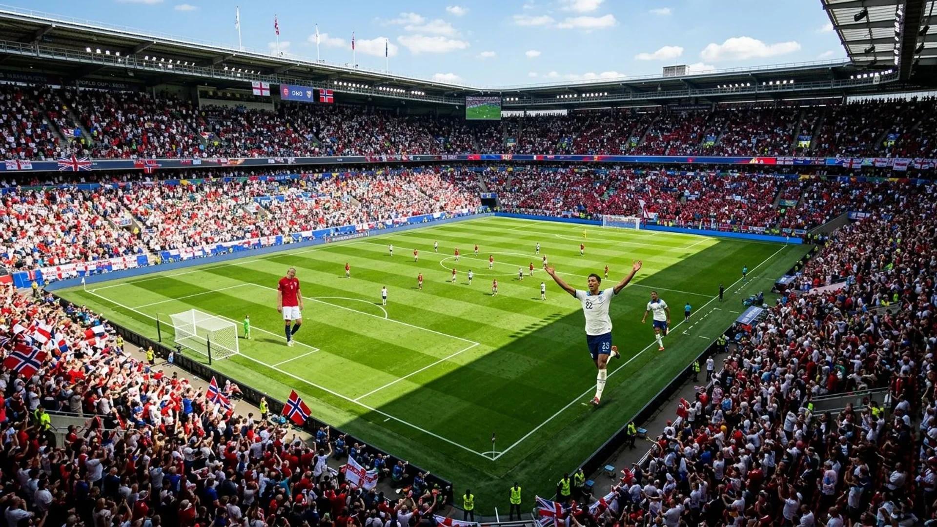 Aerial view of a football match, showing a player celebrating a goal amidst a vibrant crowd and contrasting colors.
