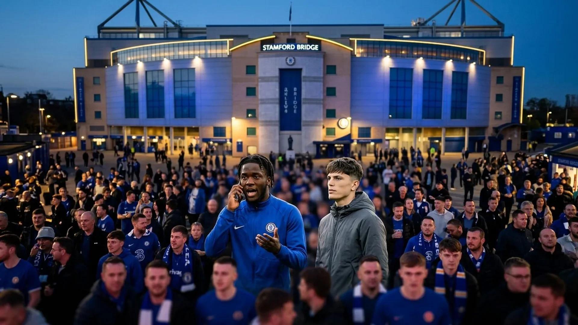 A bird's-eye view of Stamford Bridge at dusk with fans gathering, highlighting players Jonathan Rowe and Alejandro Garnacho.