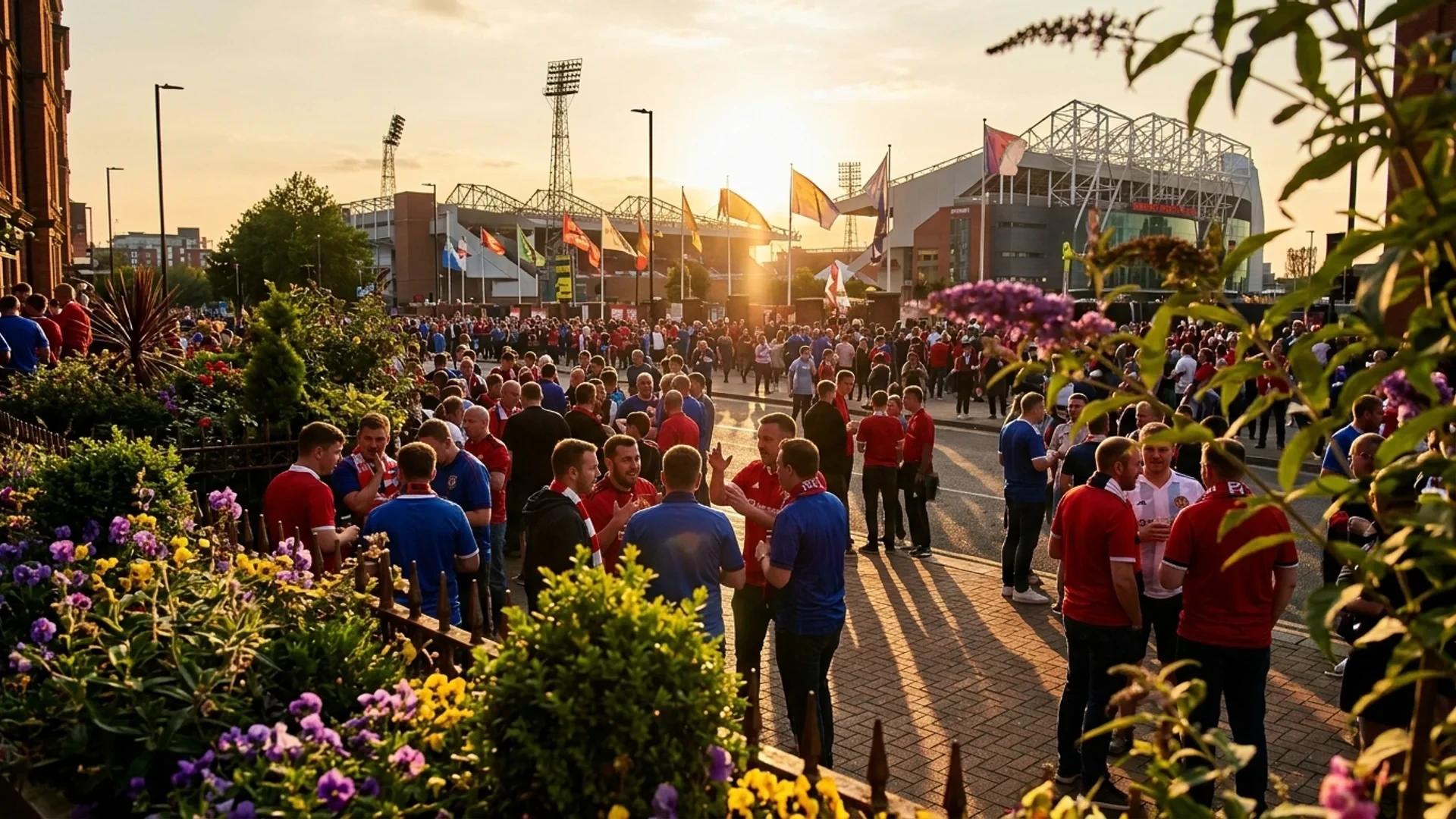 A vibrant scene of football fans silhouetted against a Manchester skyline during golden hour.