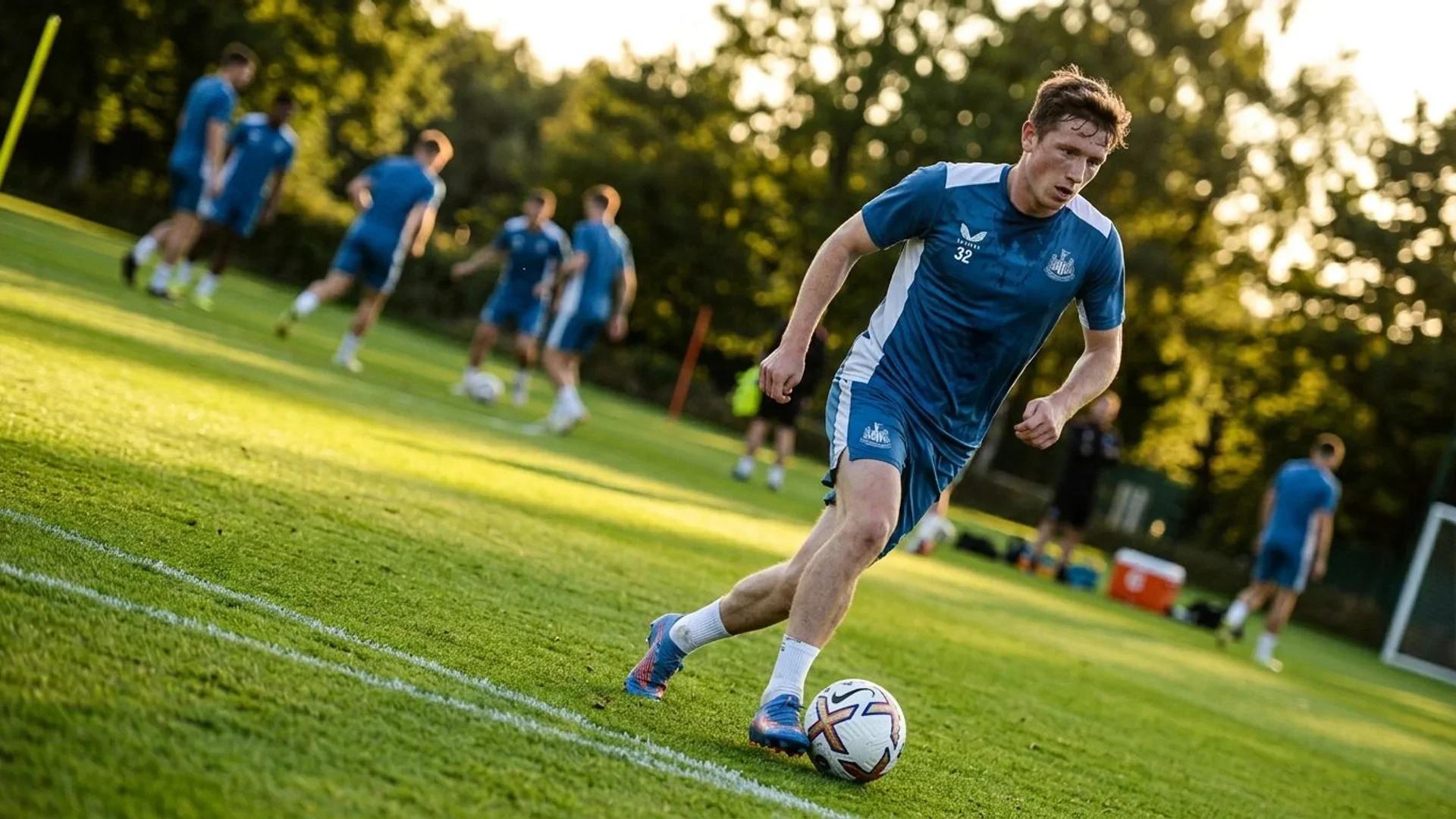 Elliot Anderson trains intensely on a soccer pitch with a blurred background.